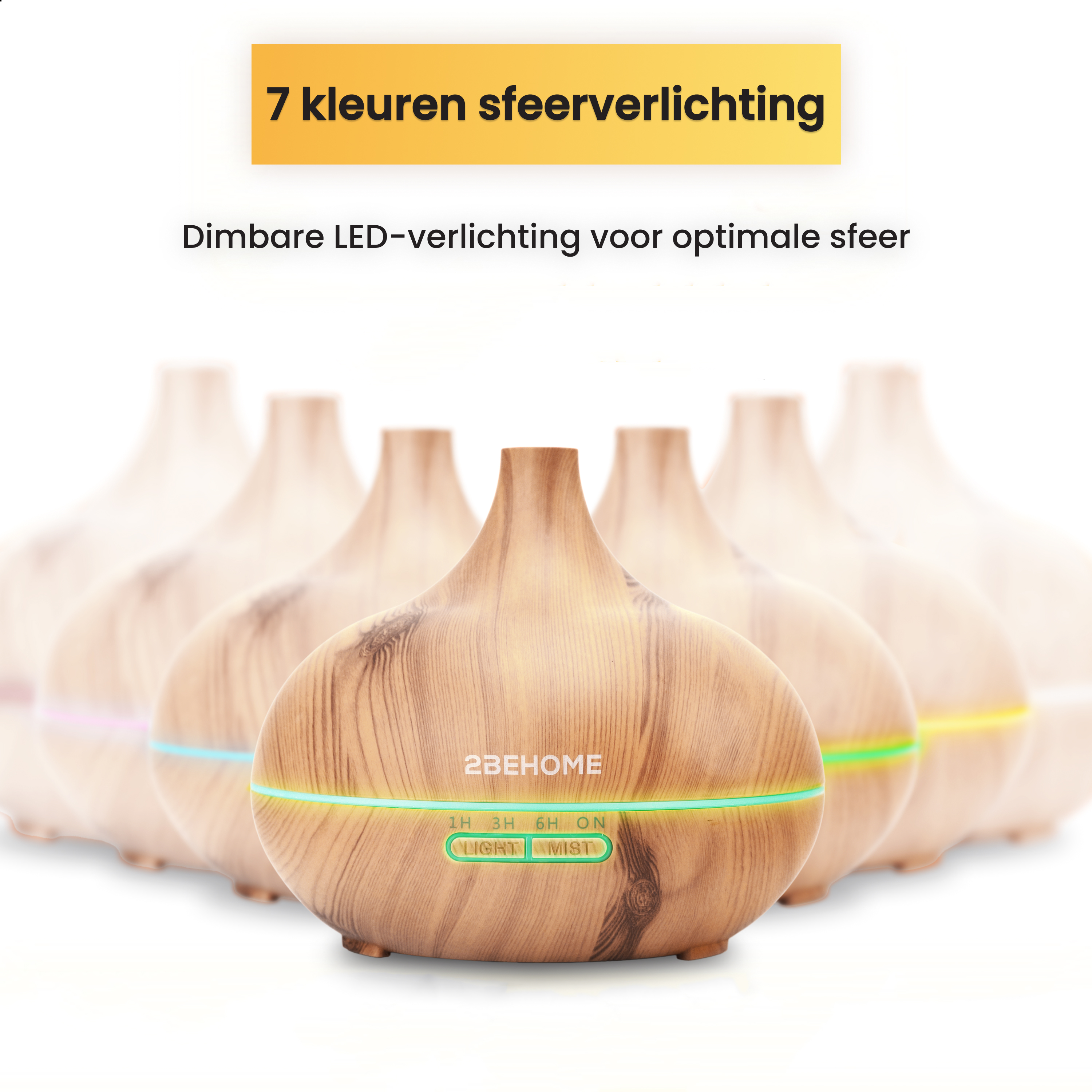 Wooden essential oil diffuser with multiple units slightly out of focus. It has colored lights and control buttons.