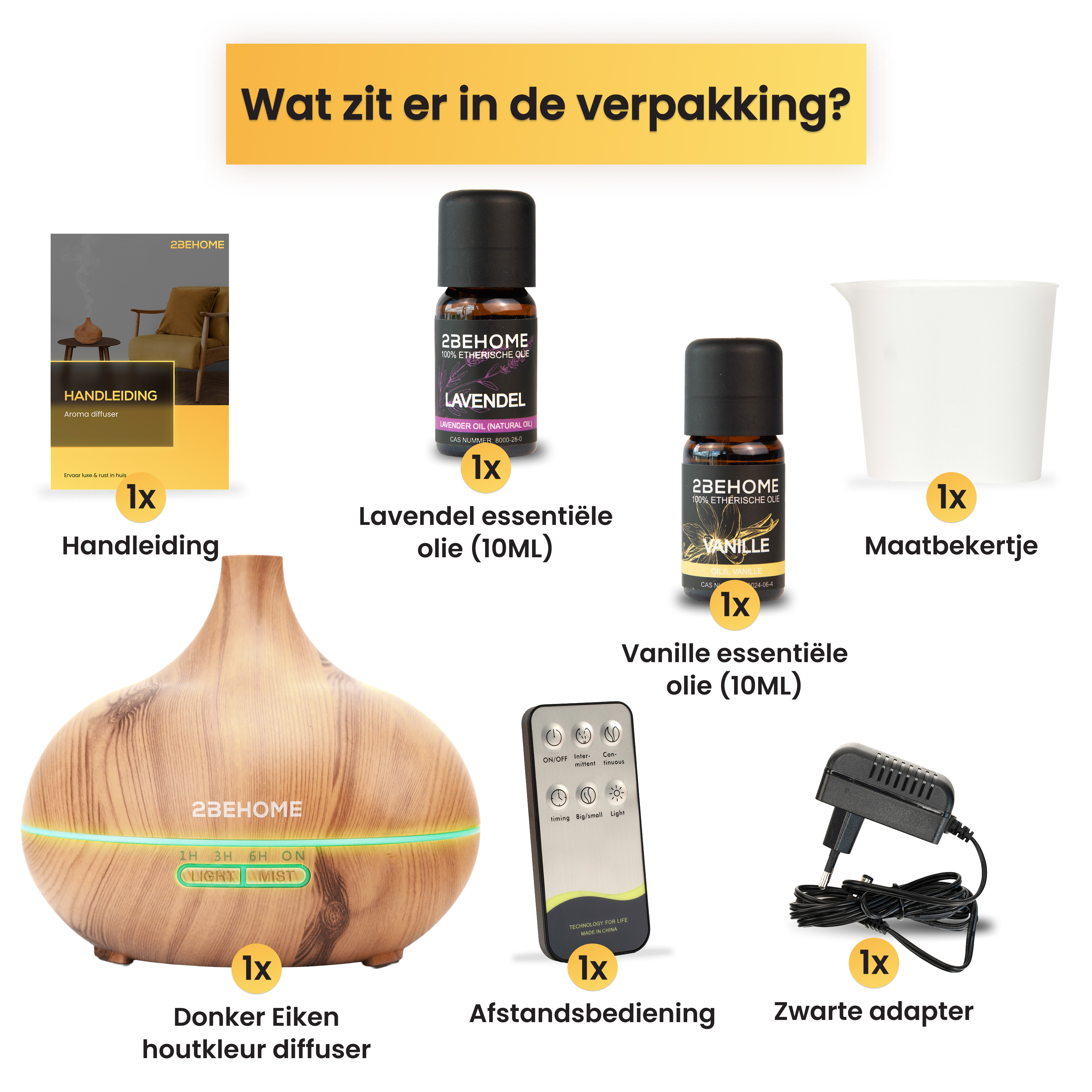 Image shows contents of a package: diffuser, oils, remote, adapter, measuring cup, and manual. Text in Dutch.