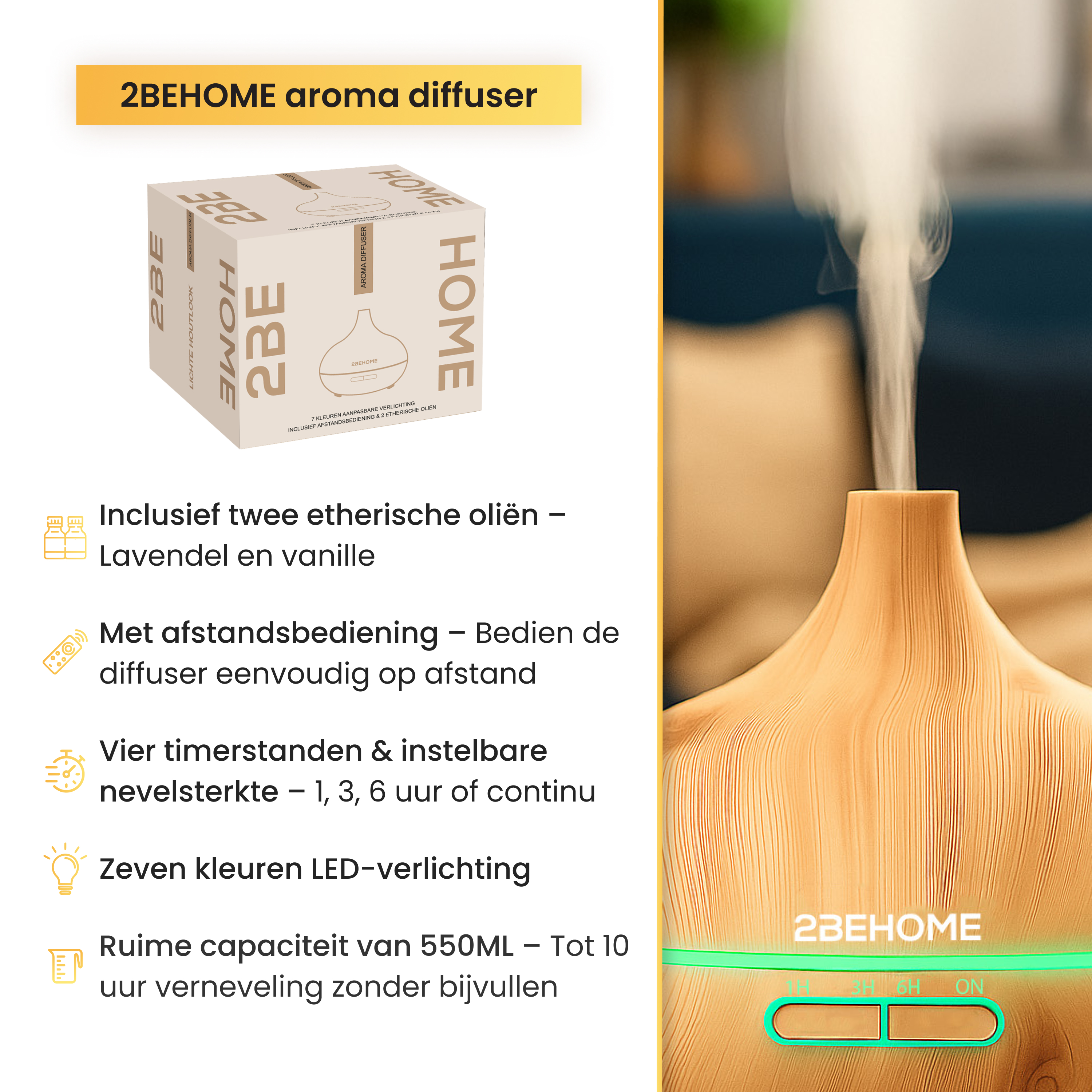 Aroma diffuser with wooden texture, steam, and control buttons. Includes a product box and descriptive text in Dutch.