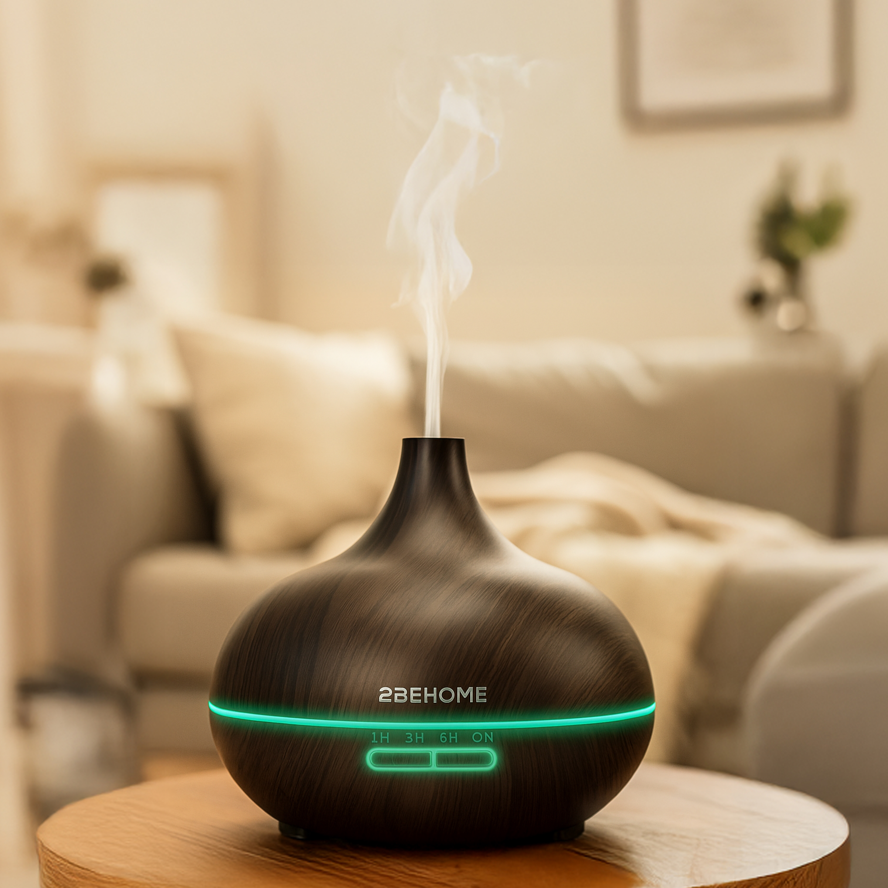 A wooden-looking diffuser with a green light and smoke. It sits on a wooden table in a living room setting.