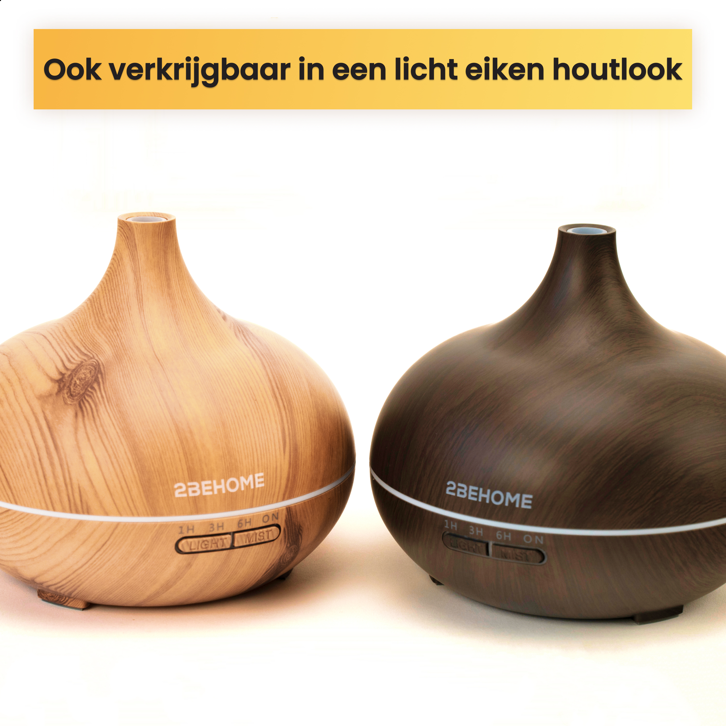 Two wooden aroma diffusers, one light and one dark, against a white background. Text at the top says: Available in light oak.