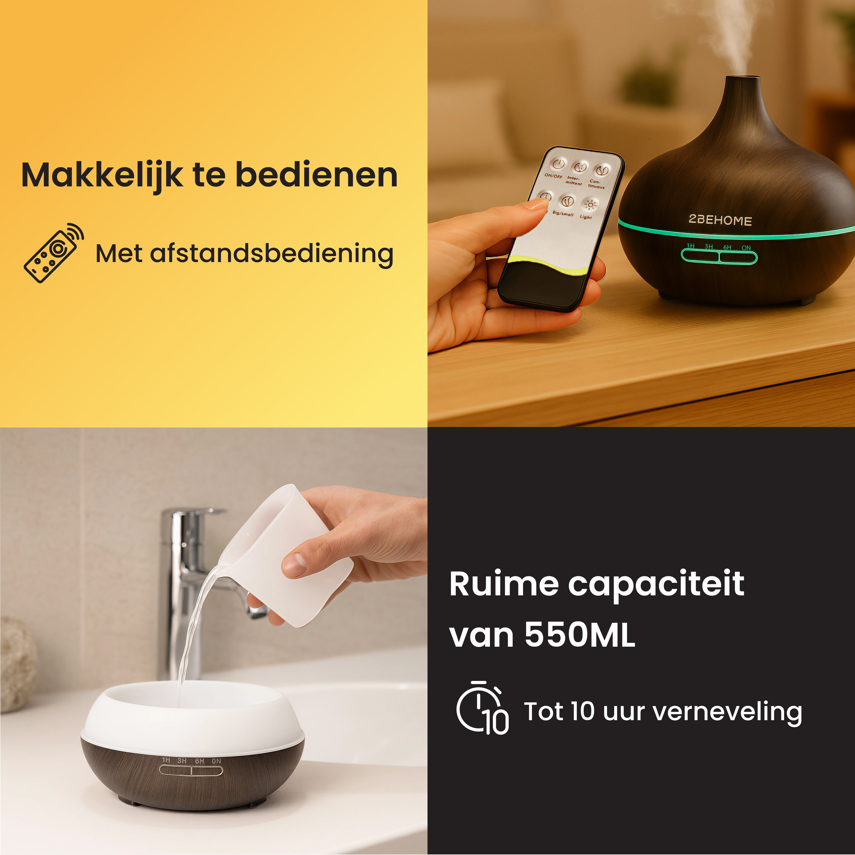 Image shows an essential oil diffuser with remote control, and a hand pouring water. Text: Easy to use, 550ml capacity, up to 10h mist.