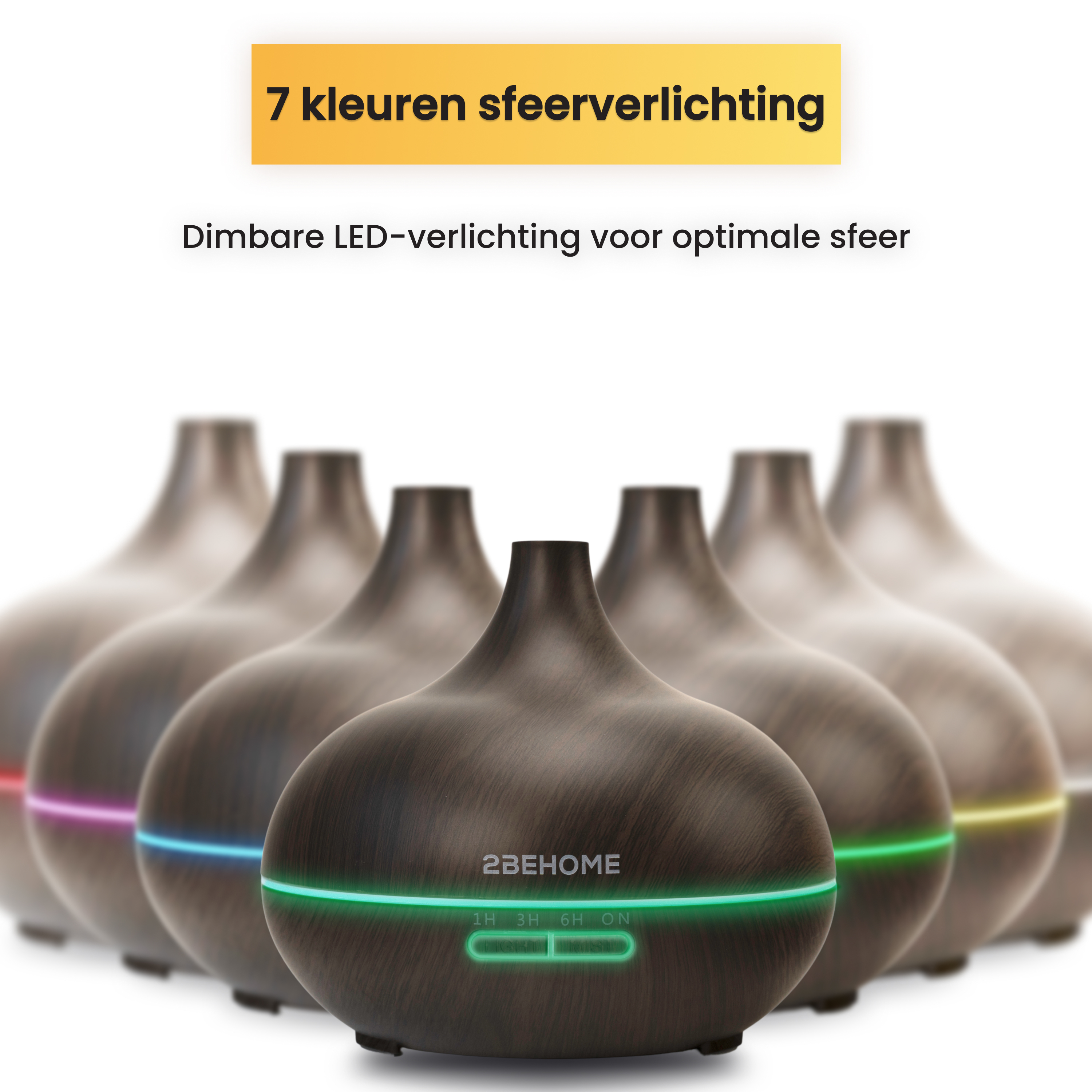 Diffusers with color-changing lights. Text at top says '7 color mood lighting'. The foreground has a diffuser with a green light.