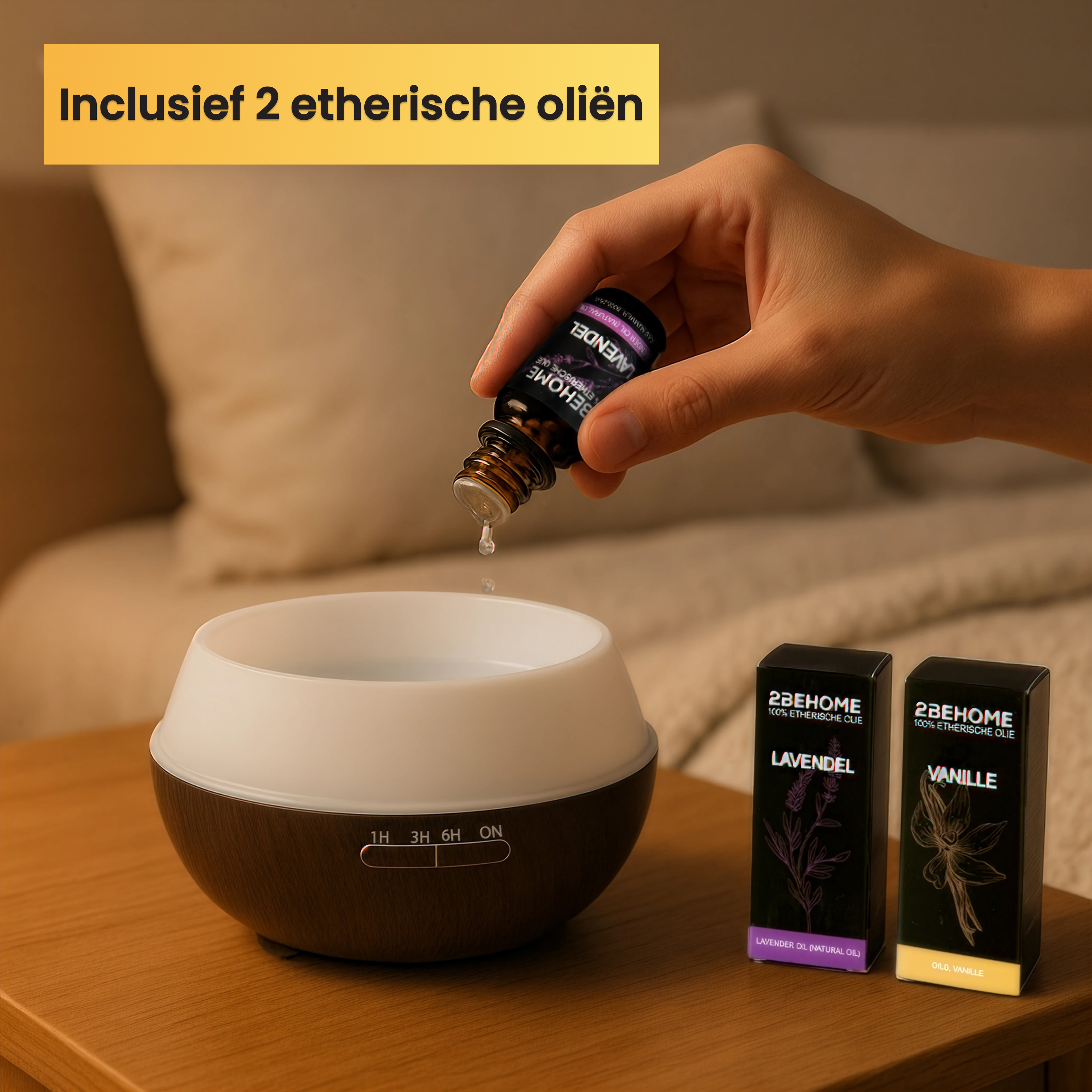 Hand pouring essential oil into a diffuser. Two boxes of essential oils are on the right, and text at the top.