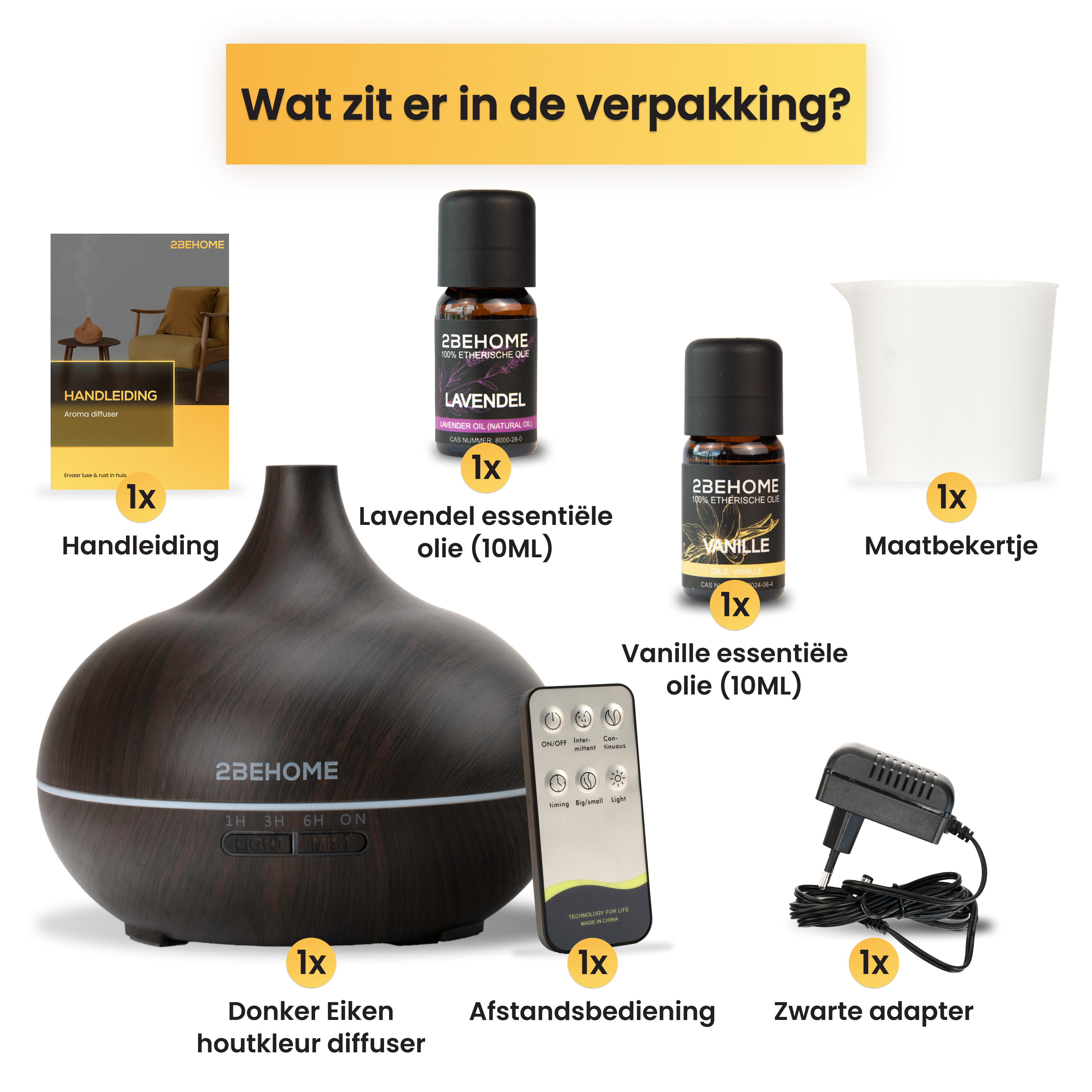 Image shows an aroma diffuser set: diffuser, lavender and vanilla oil, measuring cup, remote, adapter, and manual.
