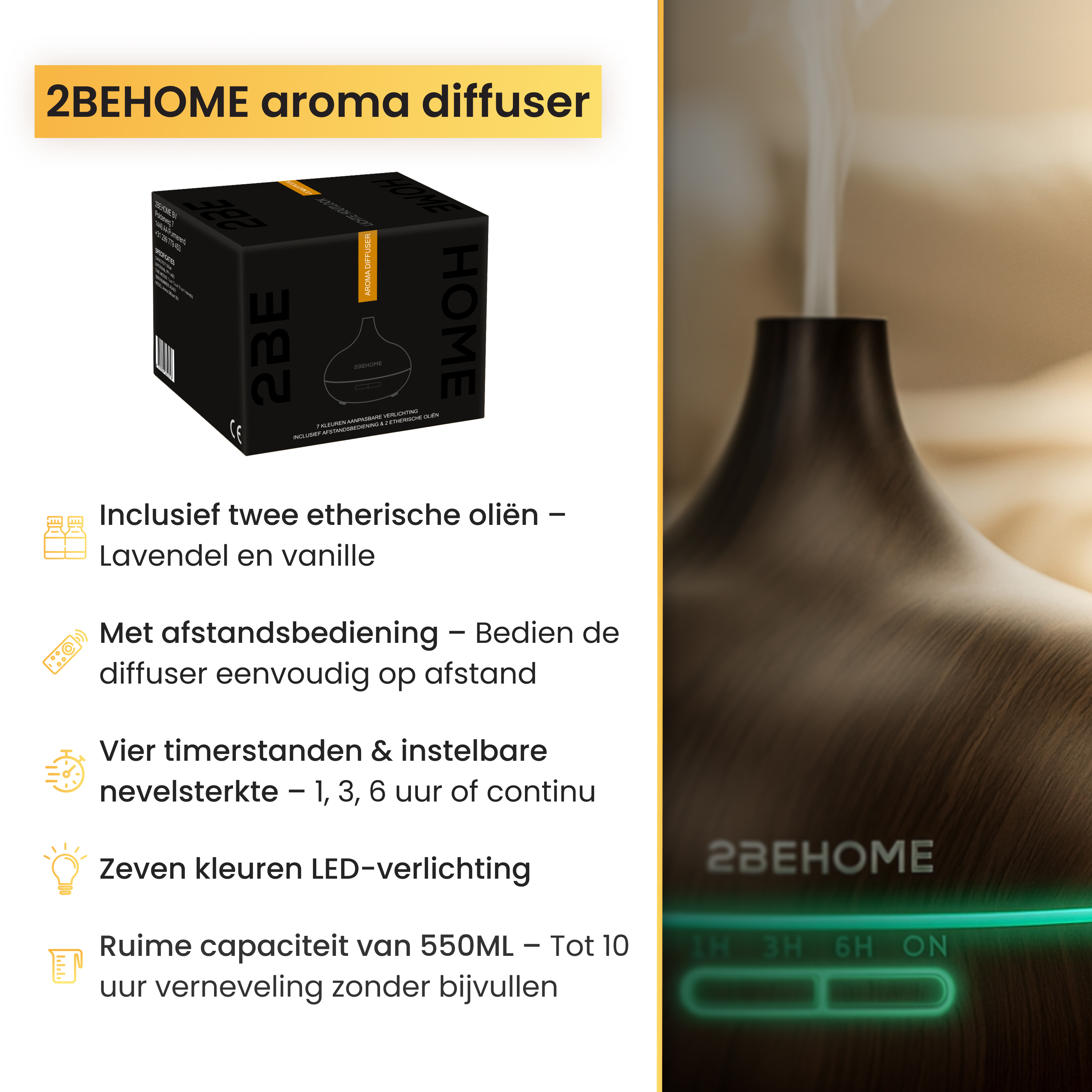 An aroma diffuser with a black box and text, steam rising from it, and a green light panel.