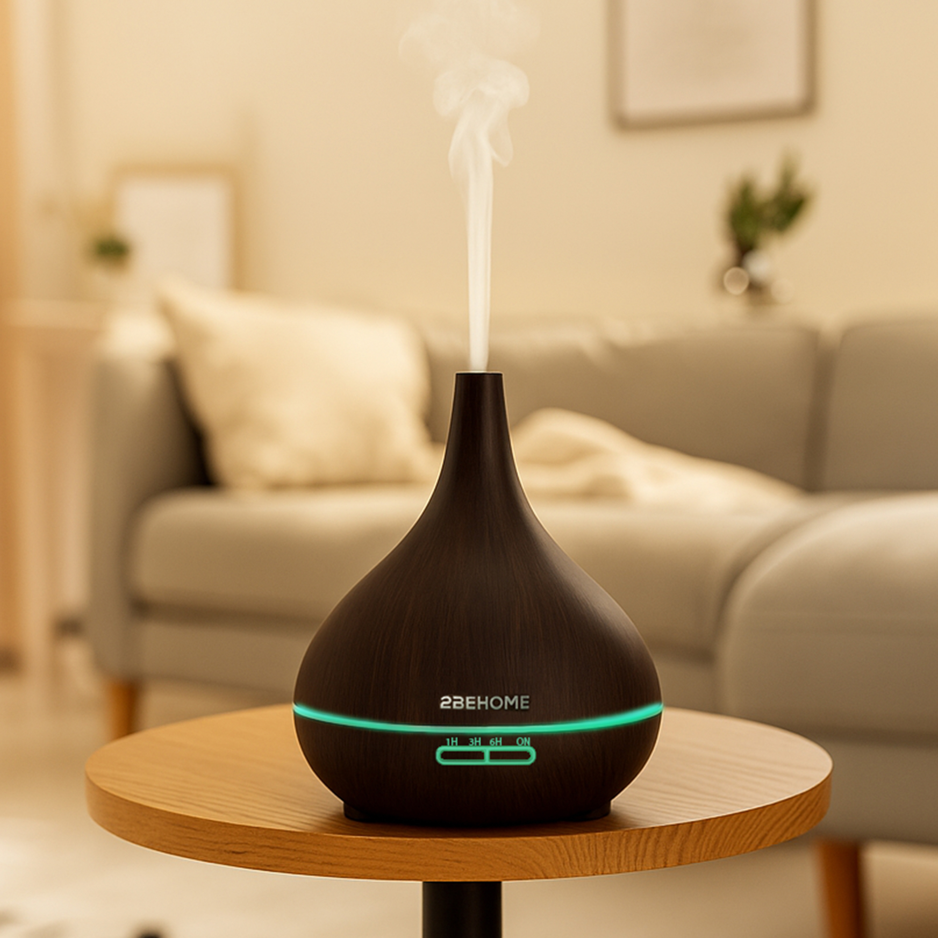 Un diffuseur d'huiles essentielles en bois foncé sur une table ronde, avec de la vapeur ascendante. Un canapé est en arrière-plan flou.