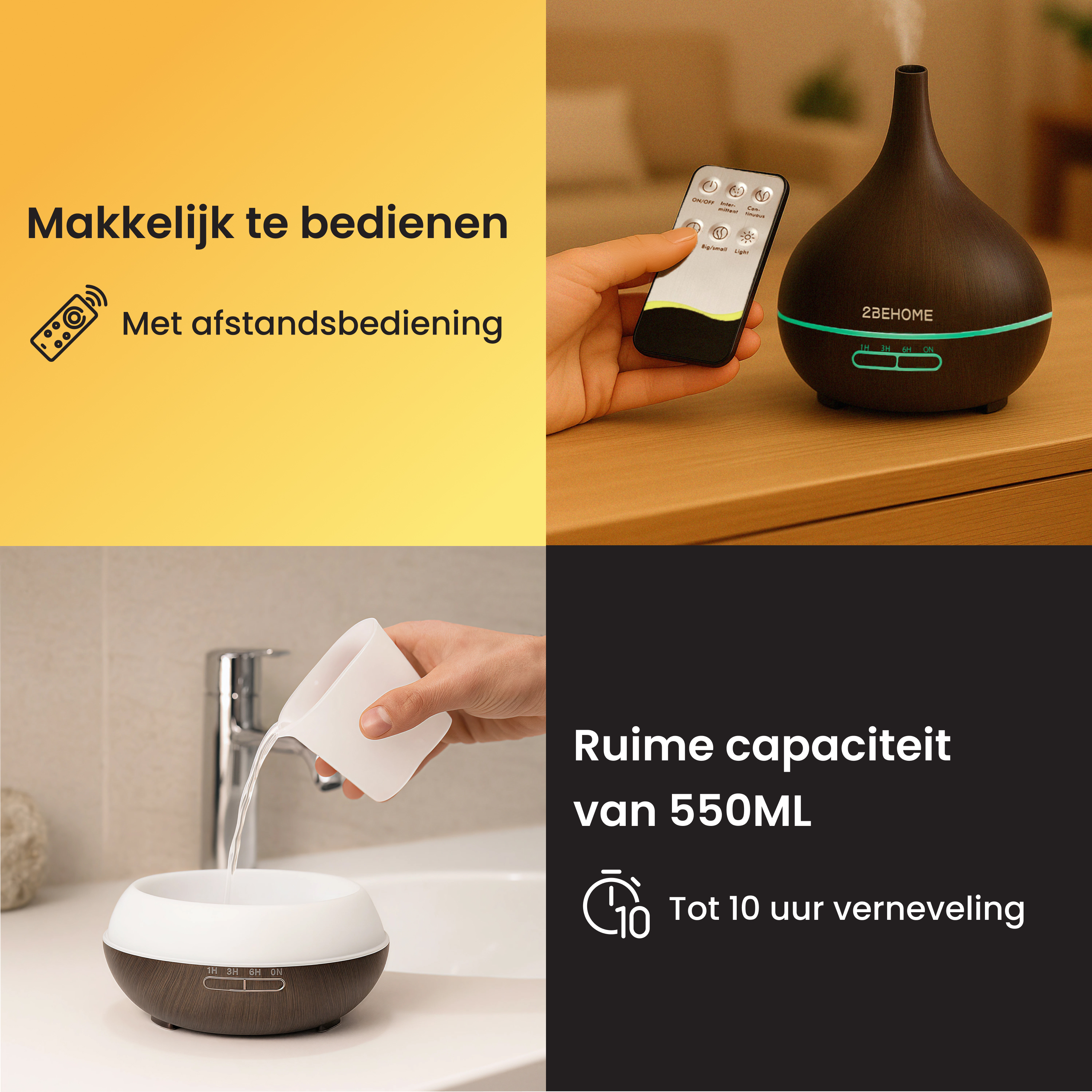 Un diffuseur d'arômes avec télécommande. Une main utilise la télécommande. Une autre verse de l'eau.