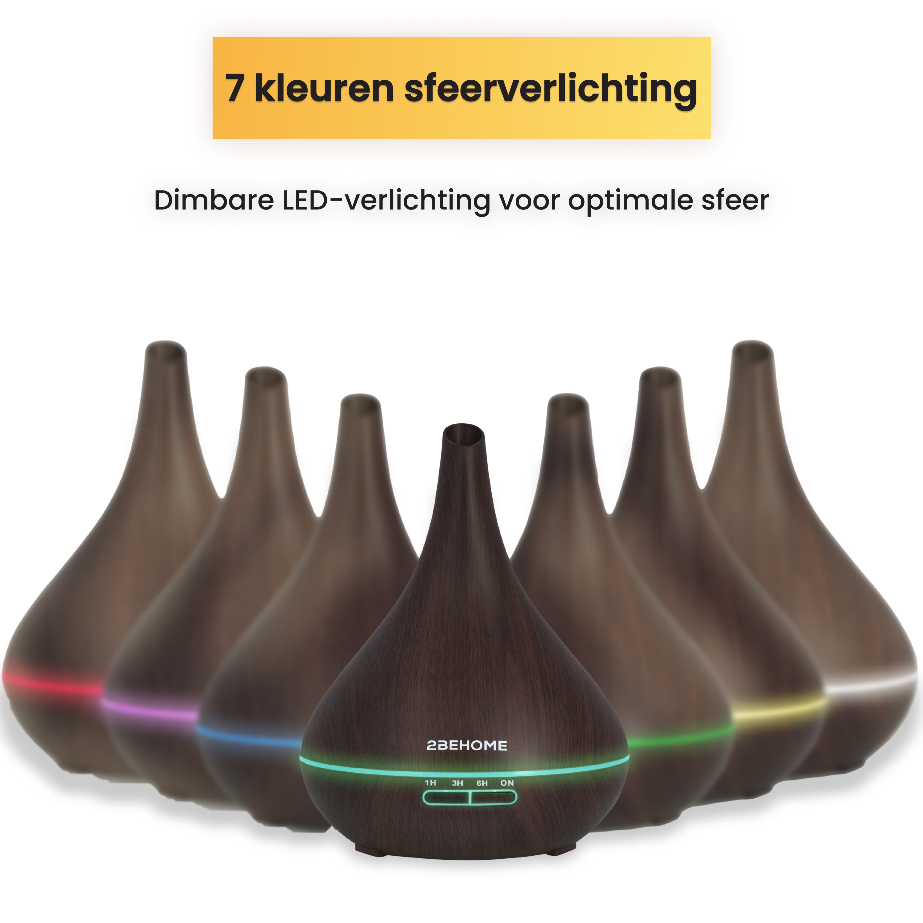 L'image montre plusieurs diffuseurs marrons avec des lumières LED colorées. Le texte dit '7 kleuren sfeerverlichting' et '2BEHOME'.