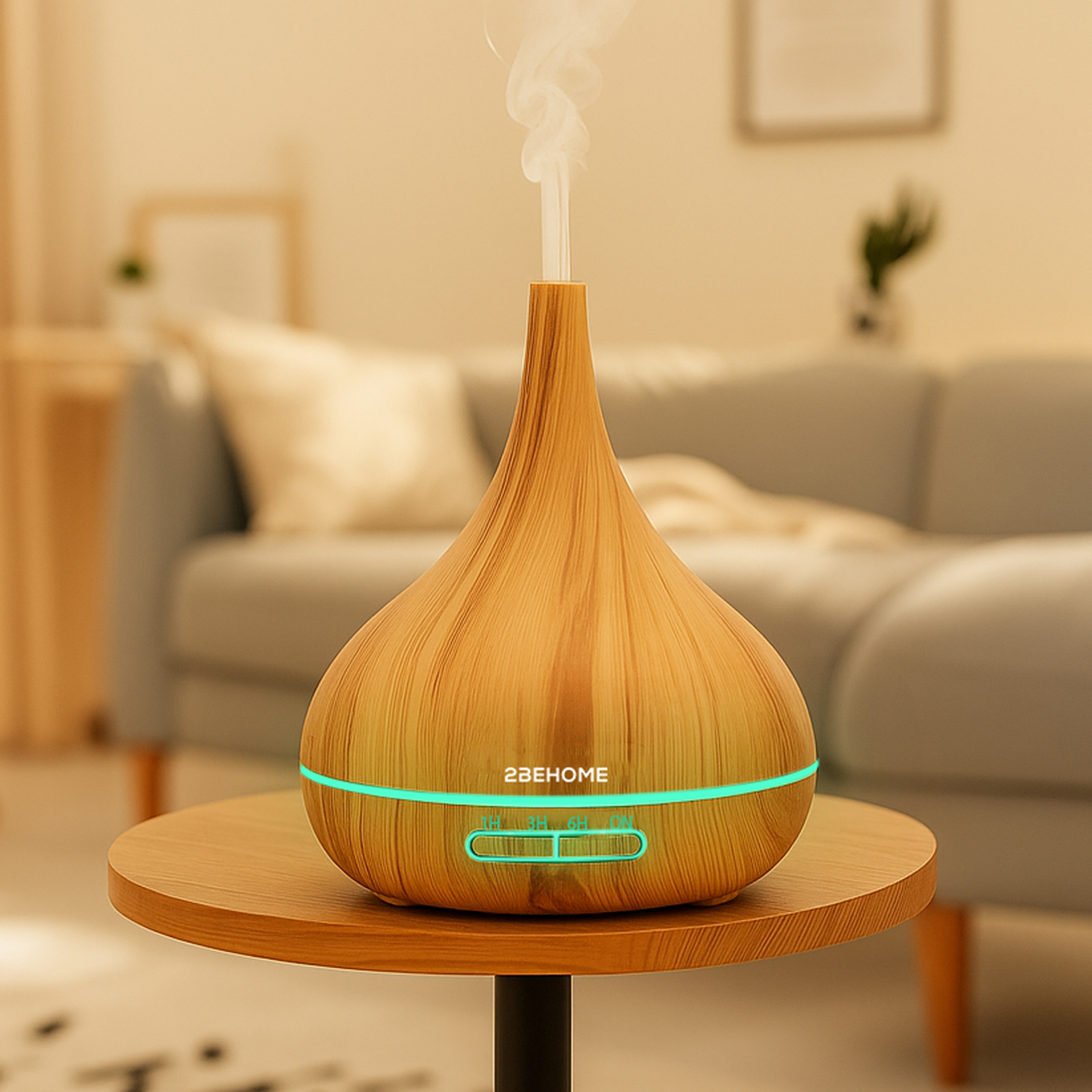 A wooden aroma diffuser with steam on a round table. A gray sofa is in the background.