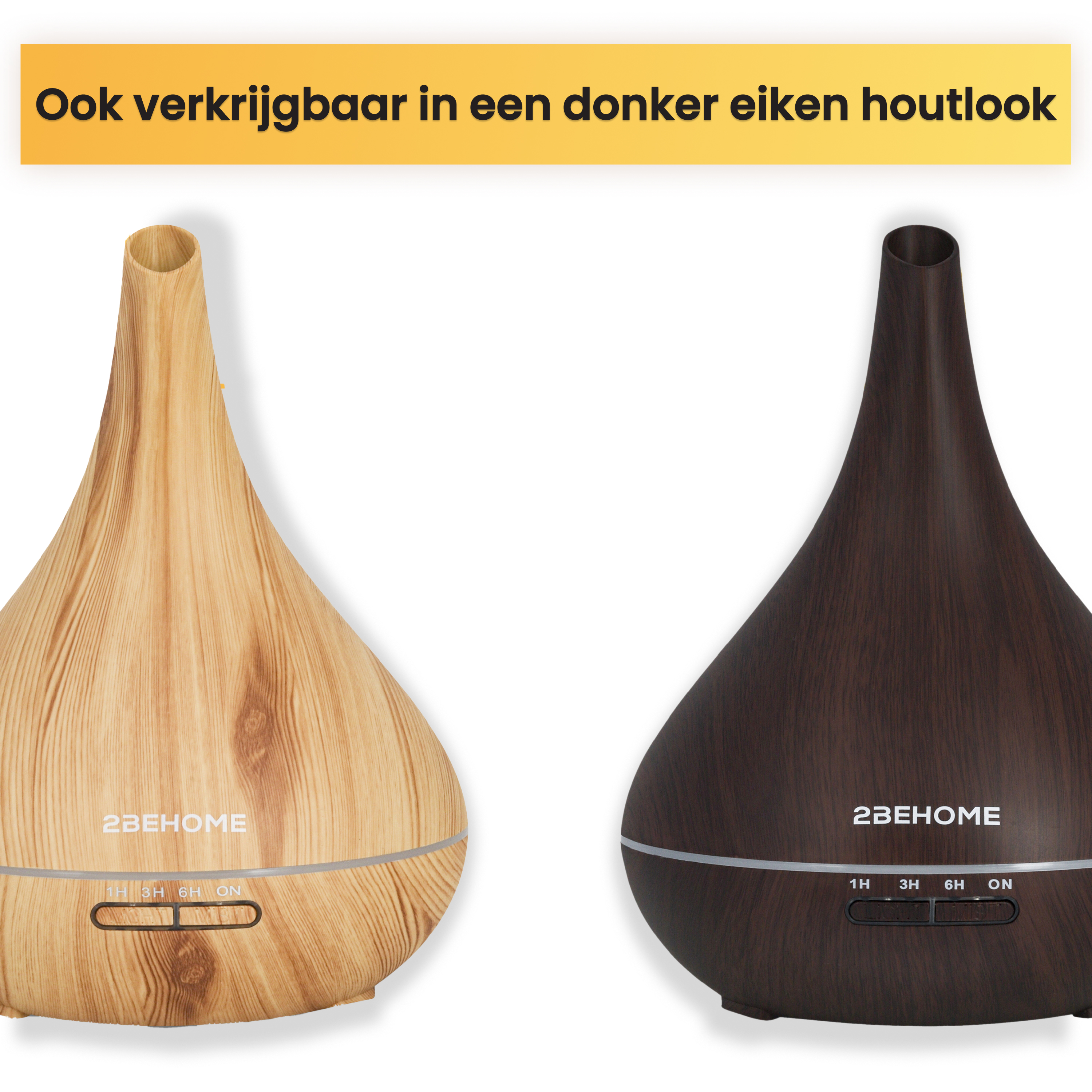 Two wooden diffusers, one light, one dark. Text on top says available in dark oak look. Controls at the base.
