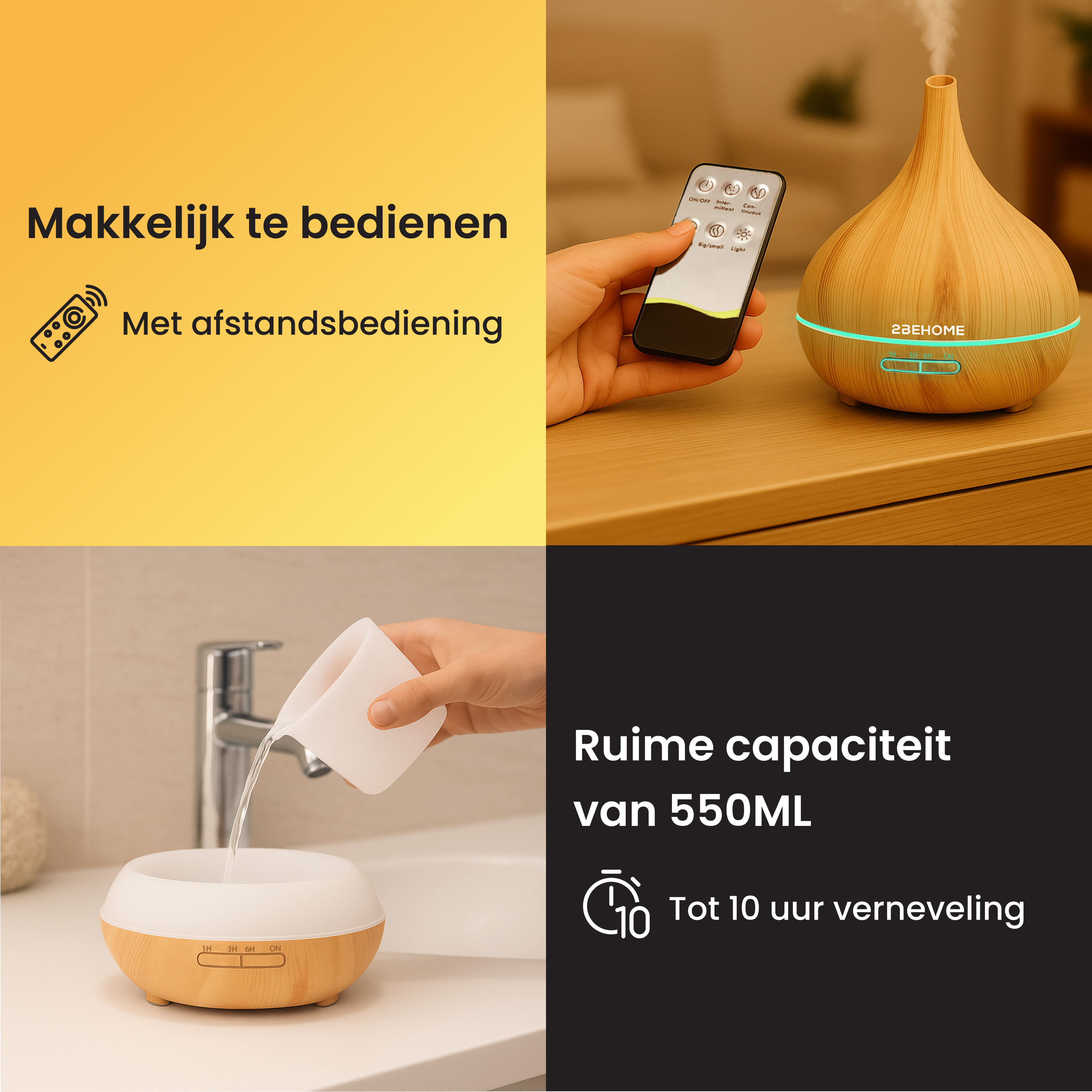 An aroma diffuser and a remote control on a wooden table. Water is poured into another diffuser in the bottom left.
