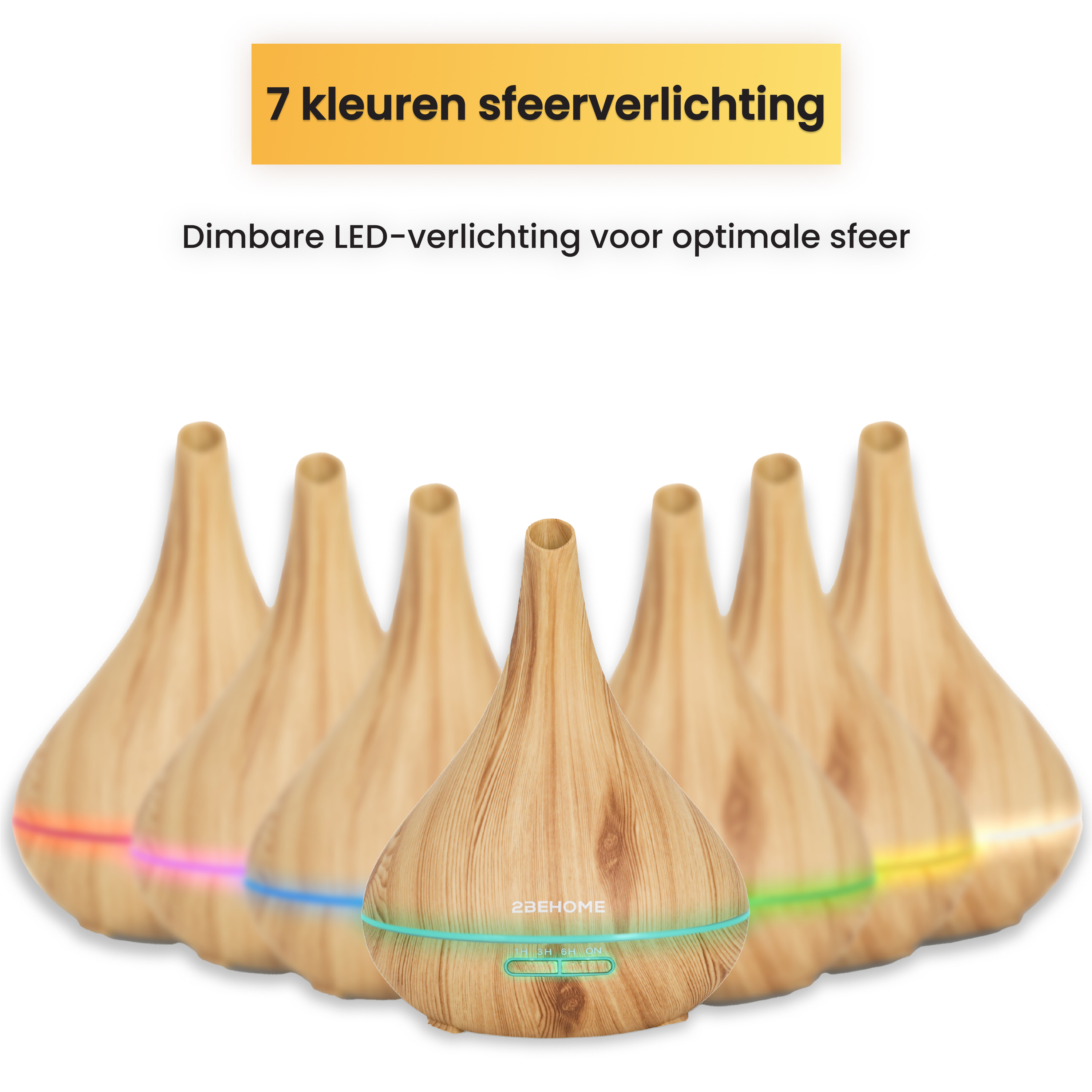 Seven wooden diffusers with colored lights. Text in Dutch says '7 colors mood lighting' and 'dimmable LED lighting'.