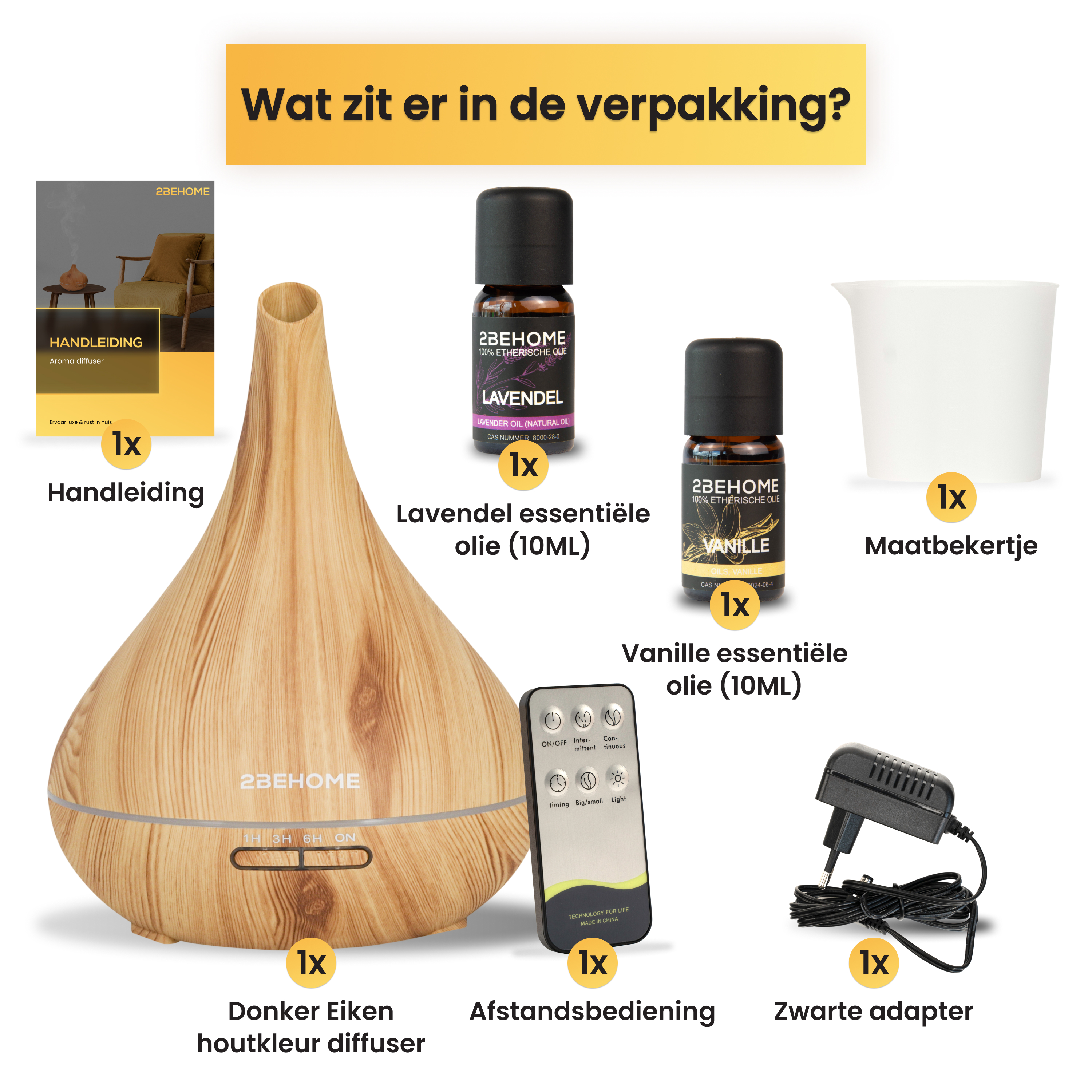 Image shows a diffuser set with essential oils, remote, adapter, measuring cup and manual.