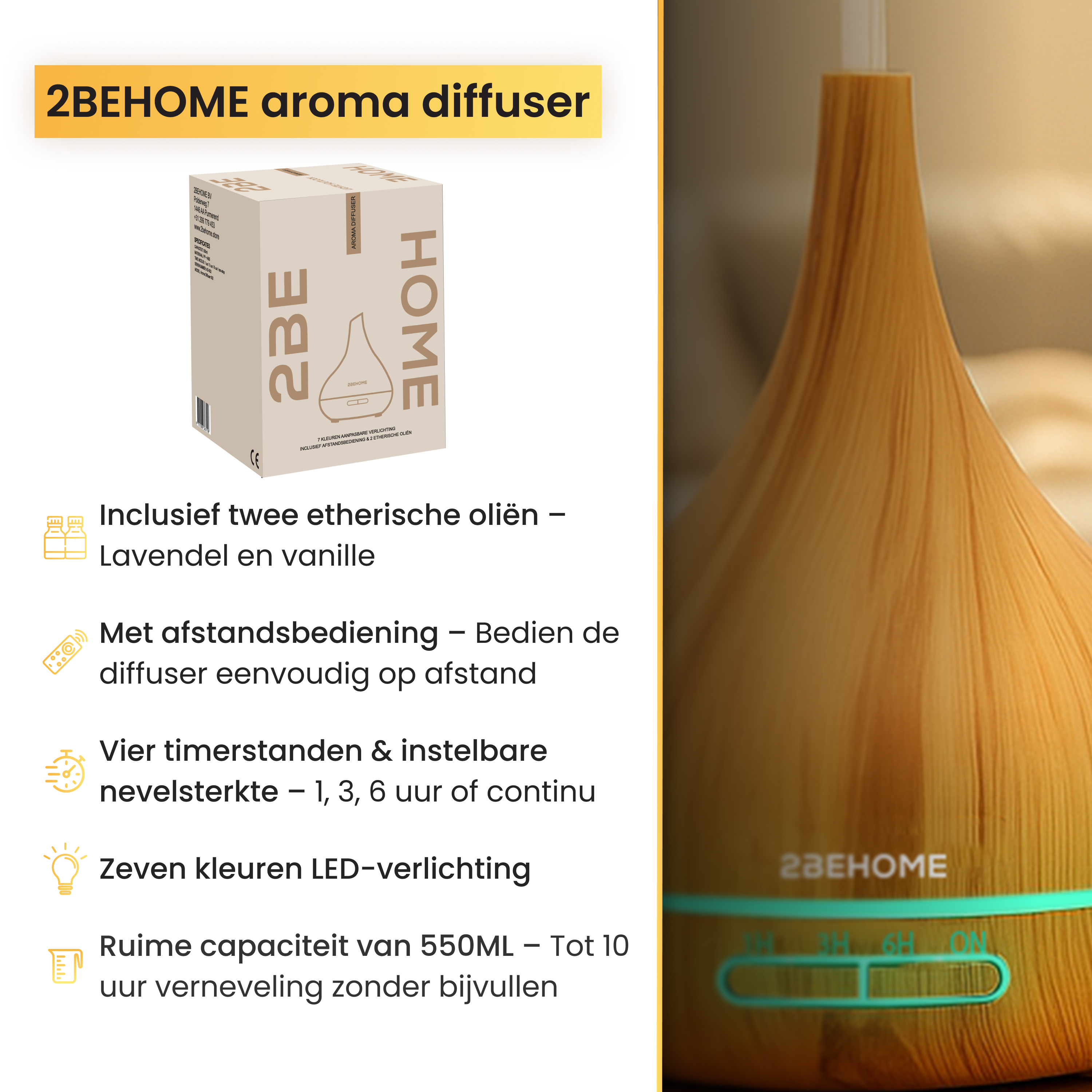Aroma diffuser with wooden design, product box, and text descriptions in Dutch. Contains lavender and vanilla oils.