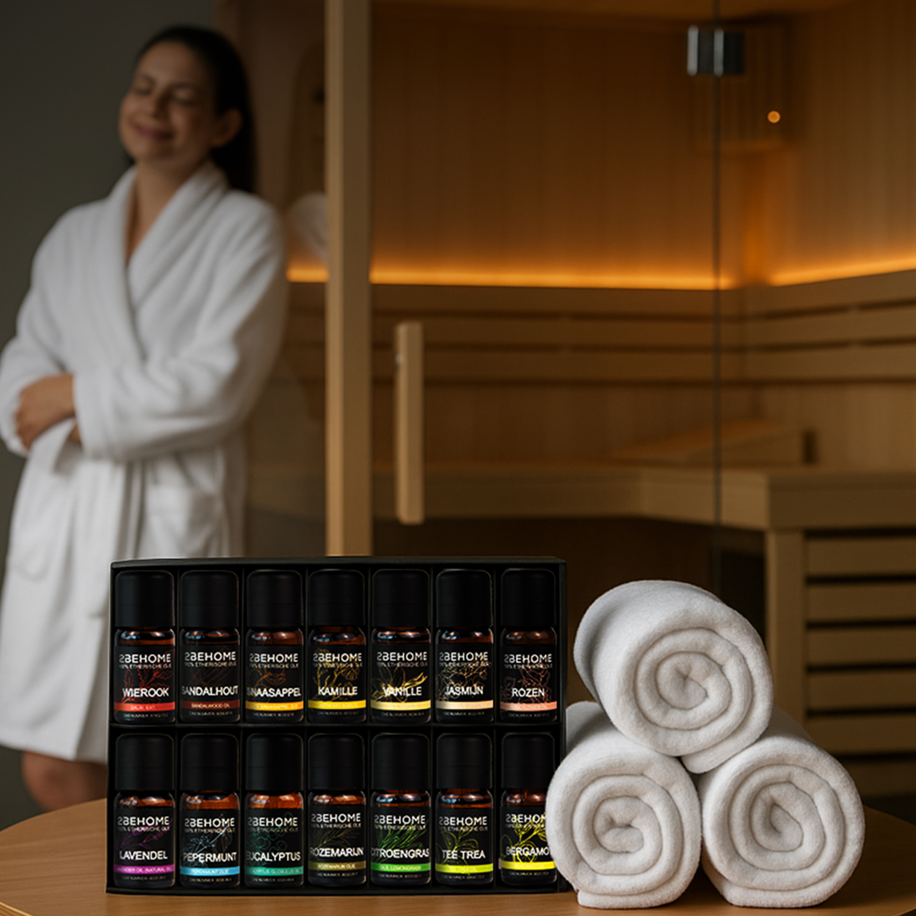 A woman in a white robe smiles. A table holds essential oil bottles and rolled white towels. A sauna is in the background.