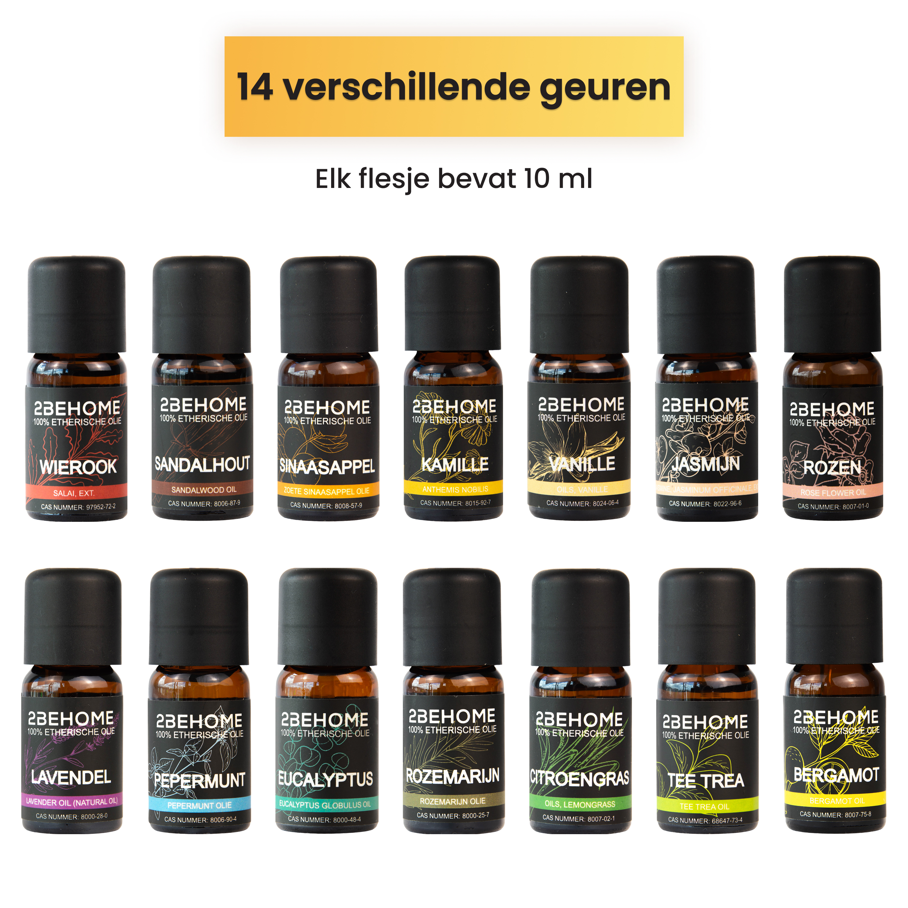 Image shows 14 essential oil bottles with different scents. Text says '14 different scents', 'Each bottle contains 10 ml'.