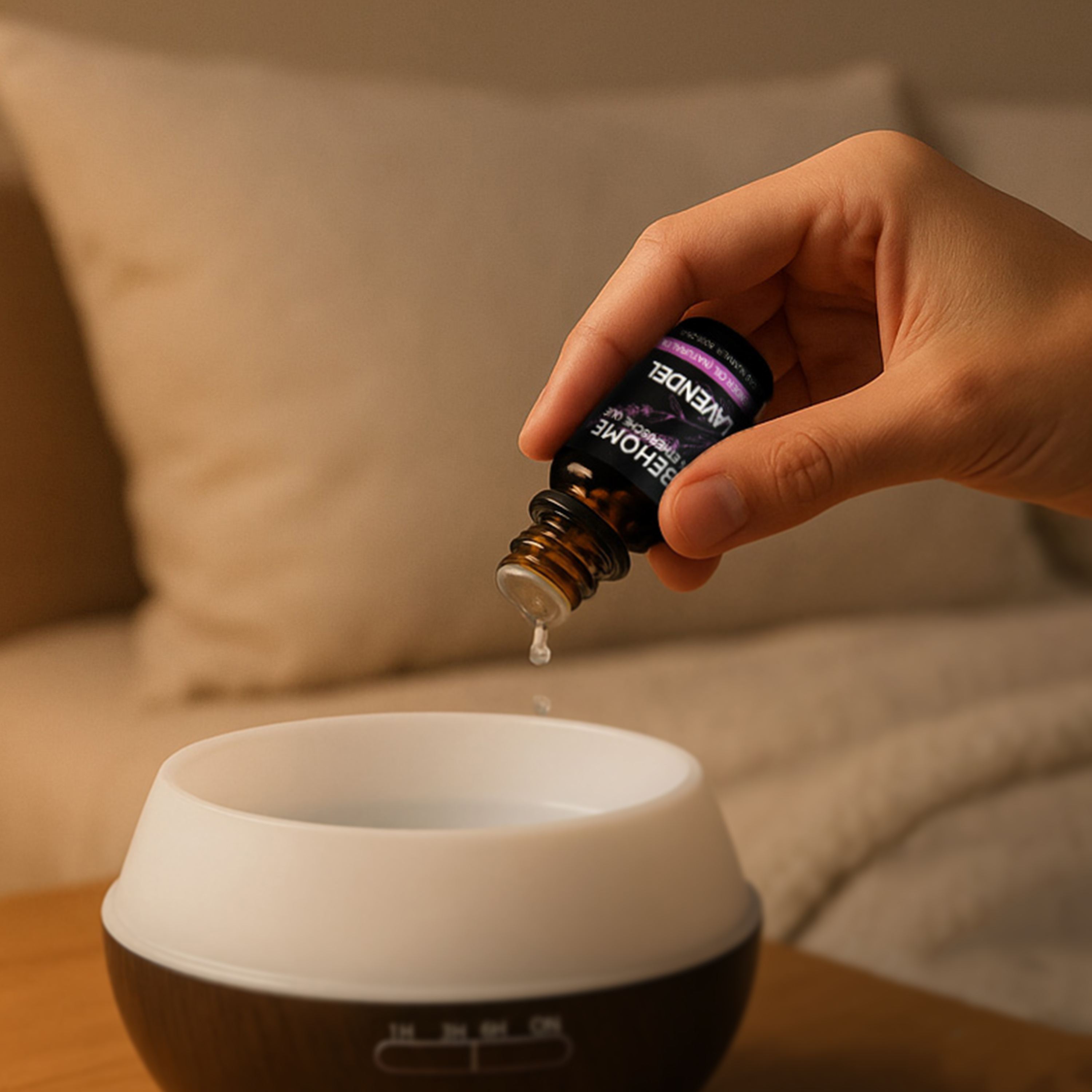 A hand holds a lavender oil bottle, dripping into an aroma diffuser. A cream-colored pillow is in the background.