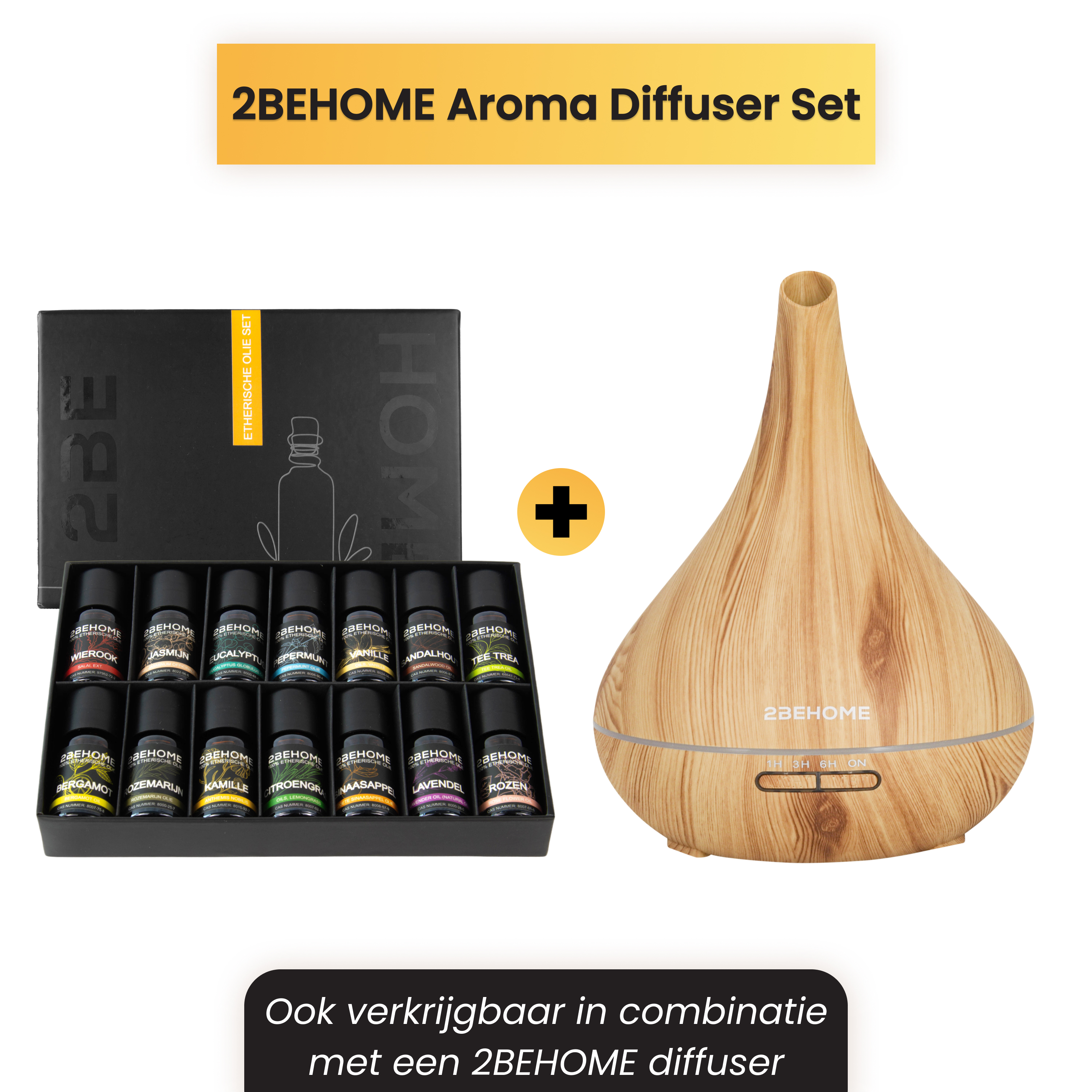 Image shows an aroma diffuser set with a wooden-look diffuser and a set of essential oil bottles.