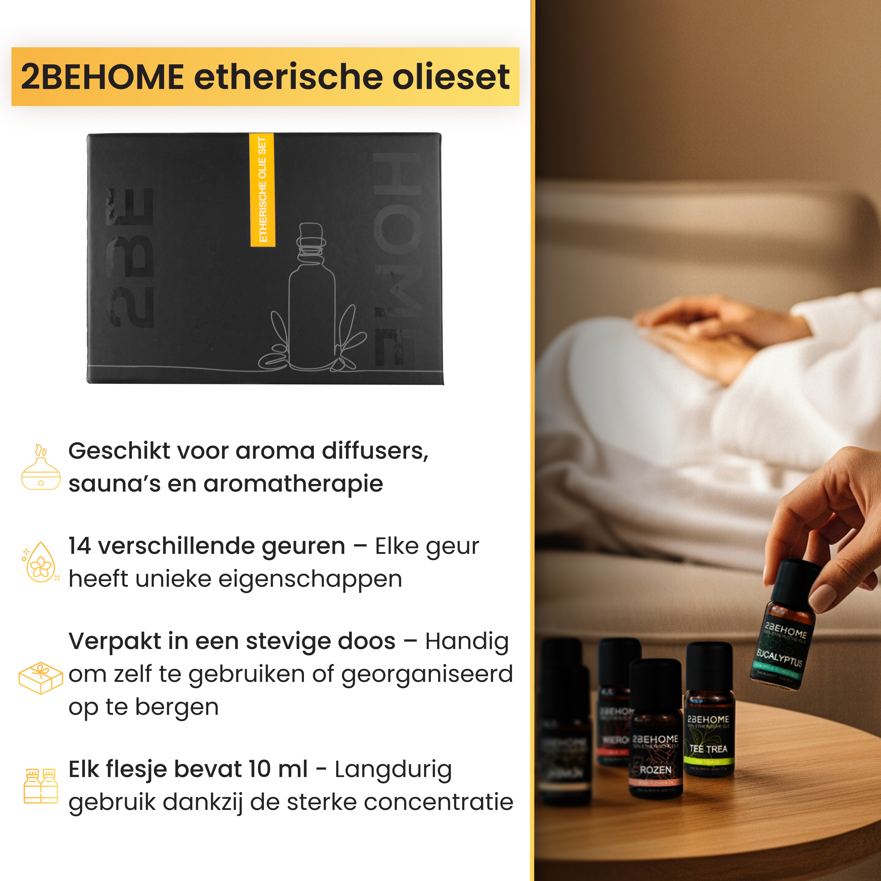A black box with a set of essential oils. A hand holds a bottle. Other bottles are on a wooden table.