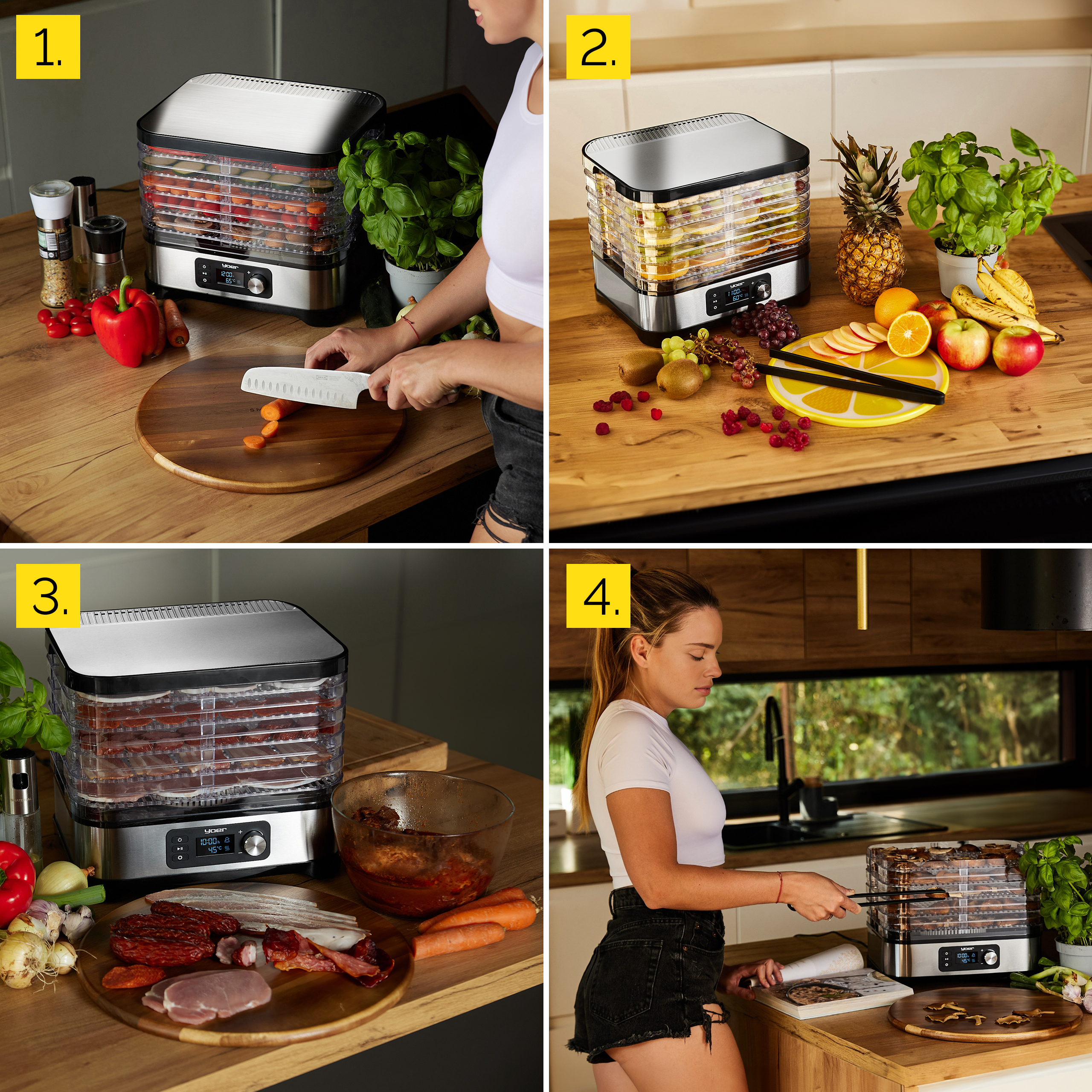 Kobieta kroi marchewkę na drewnianej desce obok dehydratora z warzywami i czerwoną papryką.