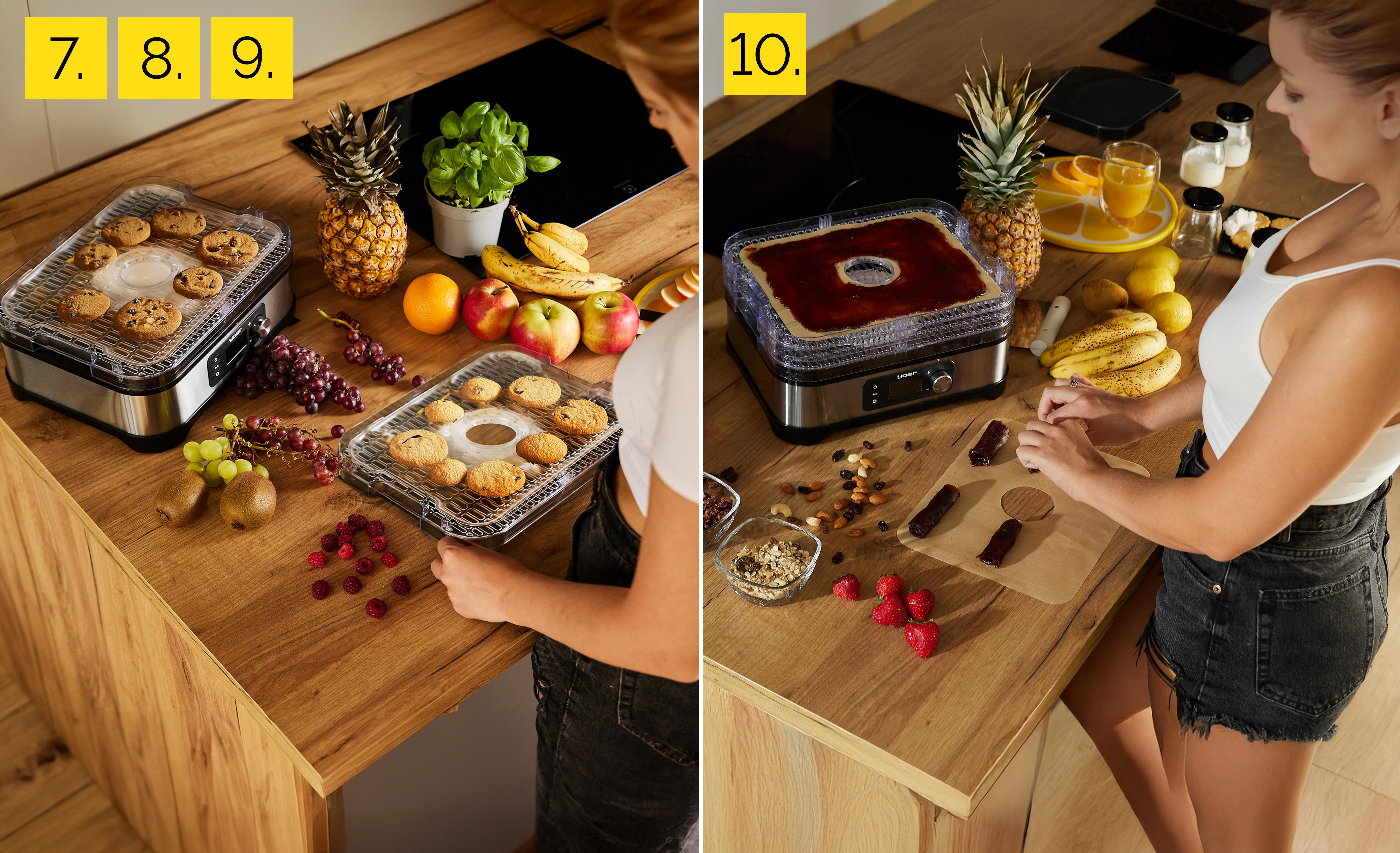 Scena kuchenna z owocami, ciasteczkami i suszarką do żywności. Kobieta przygotowuje jedzenie. Drewniany blat z urządzeniami i jedzeniem.