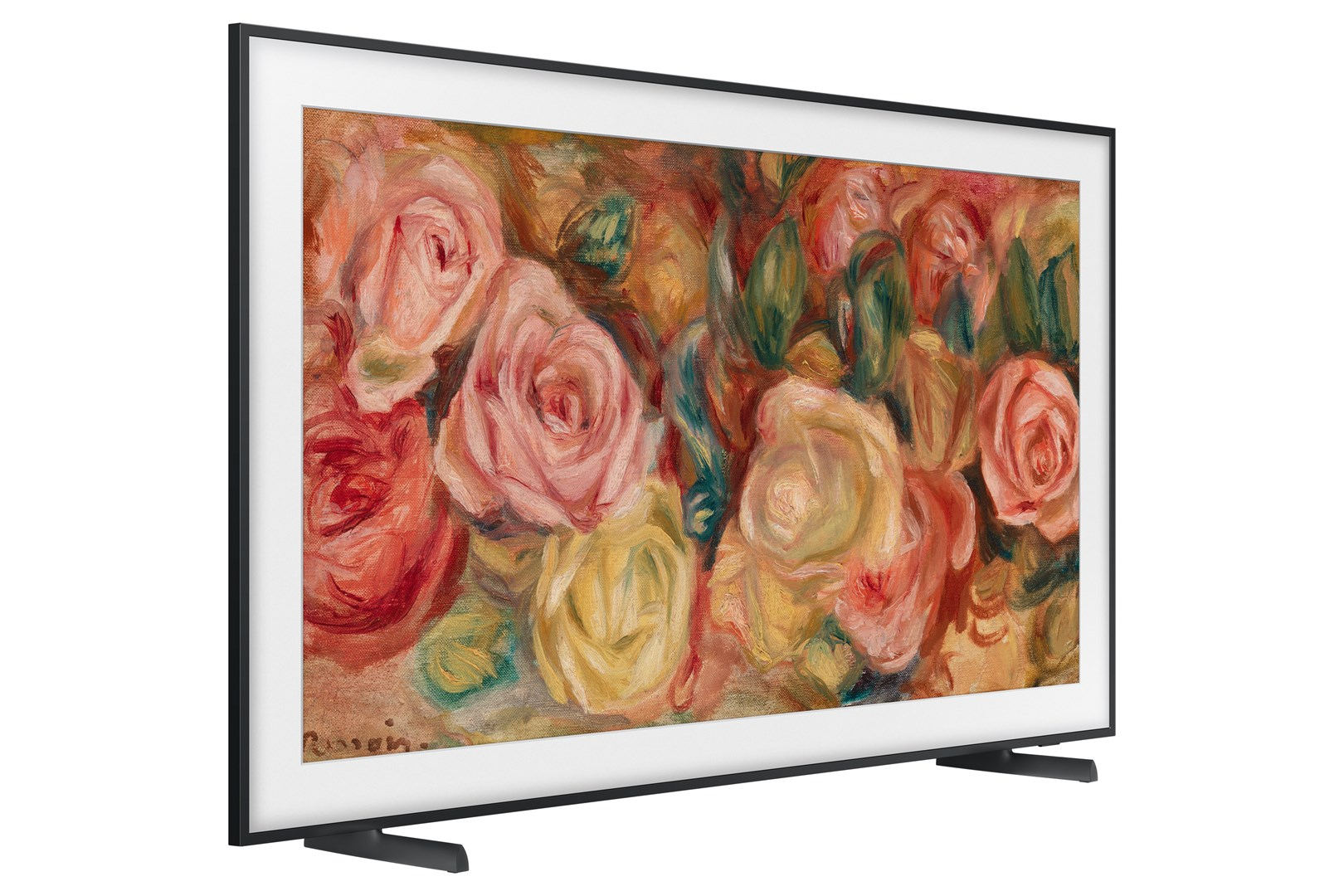 Een schilderij van rozen in roze, gele en rode tinten wordt weergegeven op een zwart omrande televisie. De tv staat op een standaard.