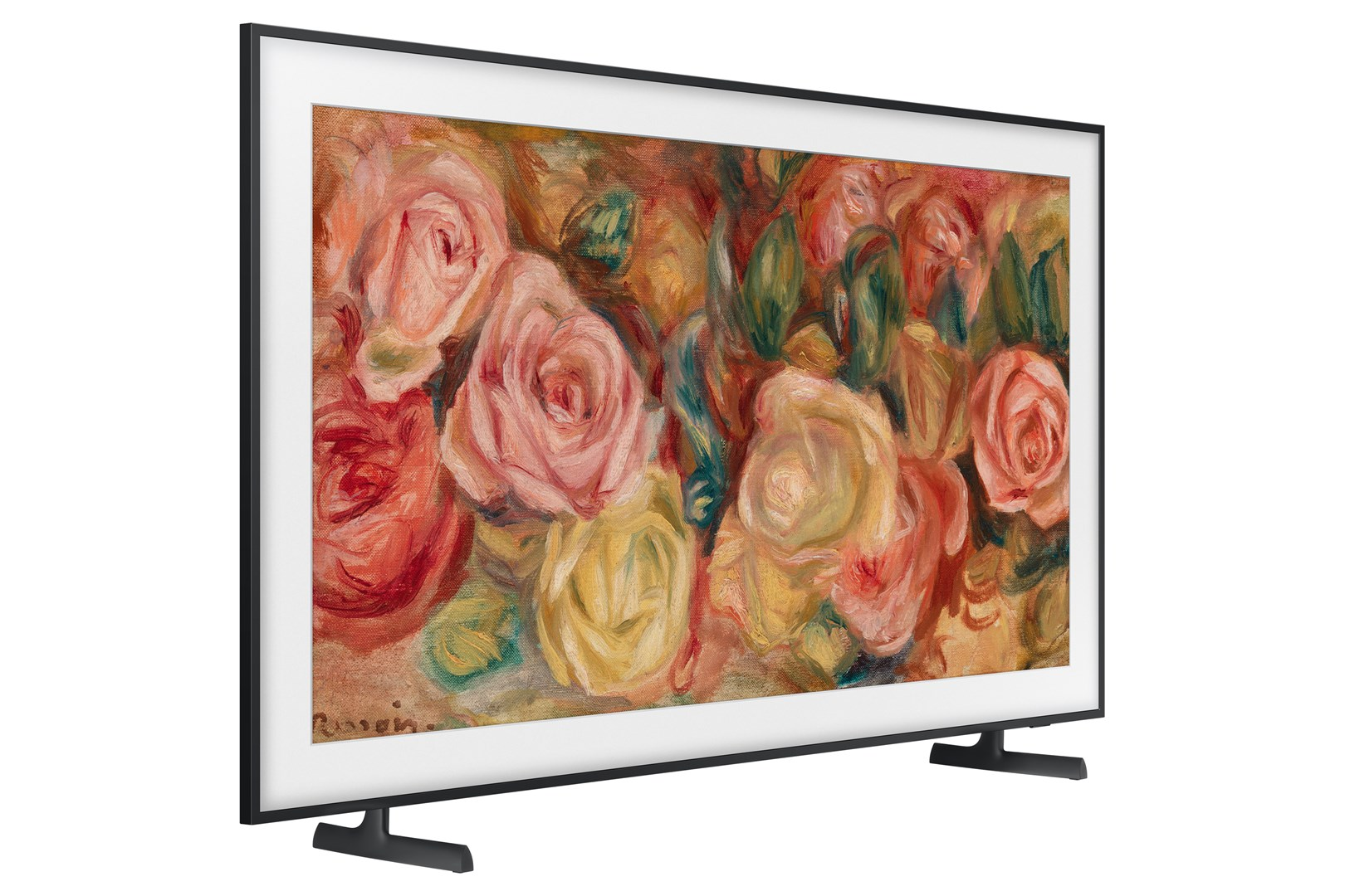 Een ingelijste tv toont een bloemenschilderij van rozen in tinten rood, roze en geel met groene bladeren. Zwart frame en standaard.