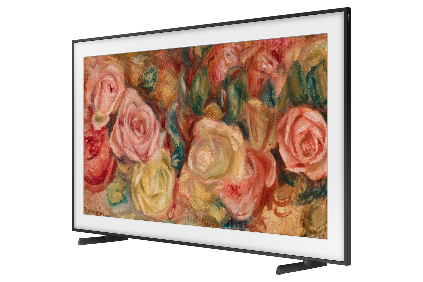 Een zwart omkaderde tv toont een rozen schilderij. Het schilderij heeft meerdere rozen in roze, gele en rode tinten tegen een groene achtergrond.