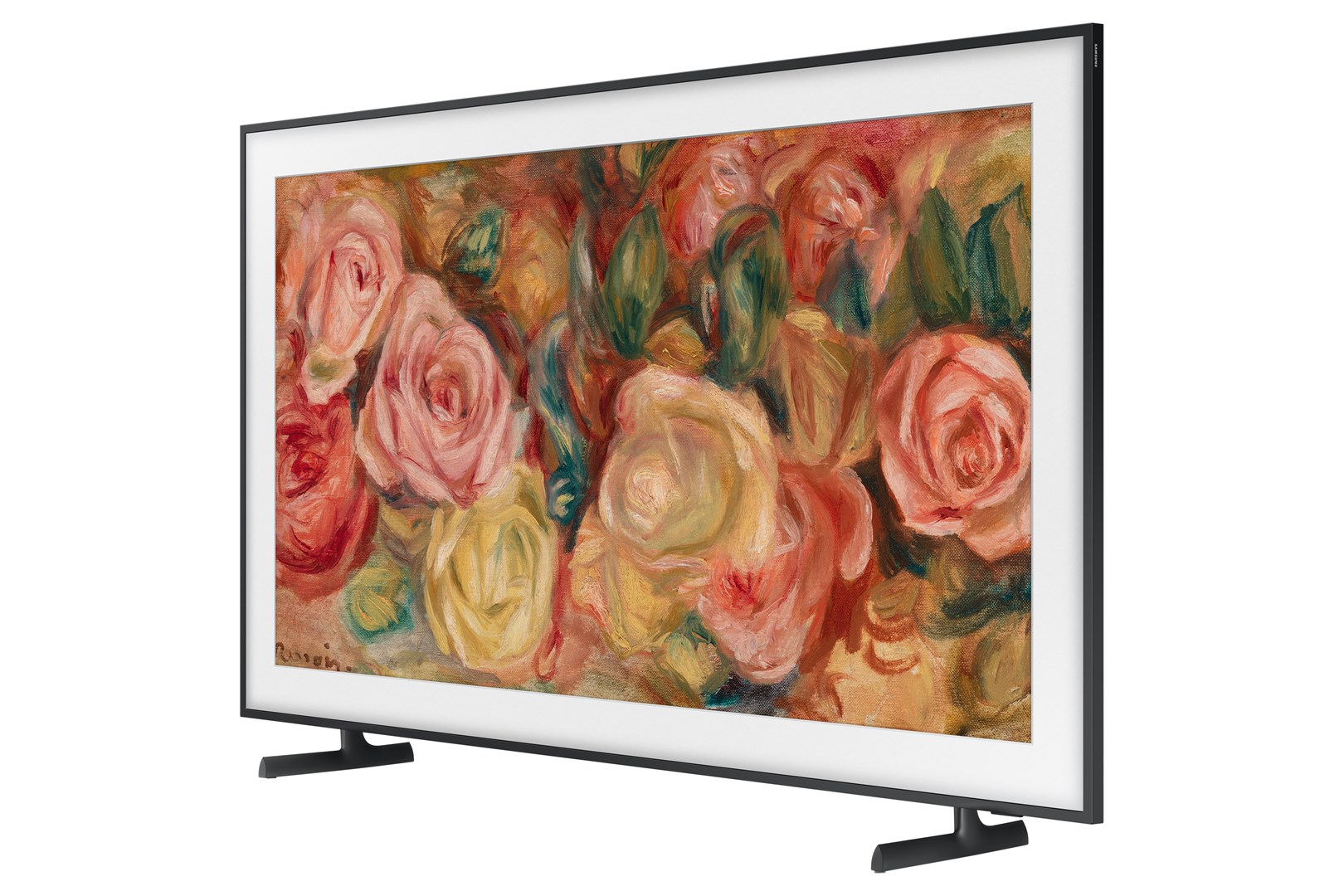 Een zwart omrande tv toont een bloemenschilderij. Het schilderij toont rozen in verschillende tinten roze, geel en rood.