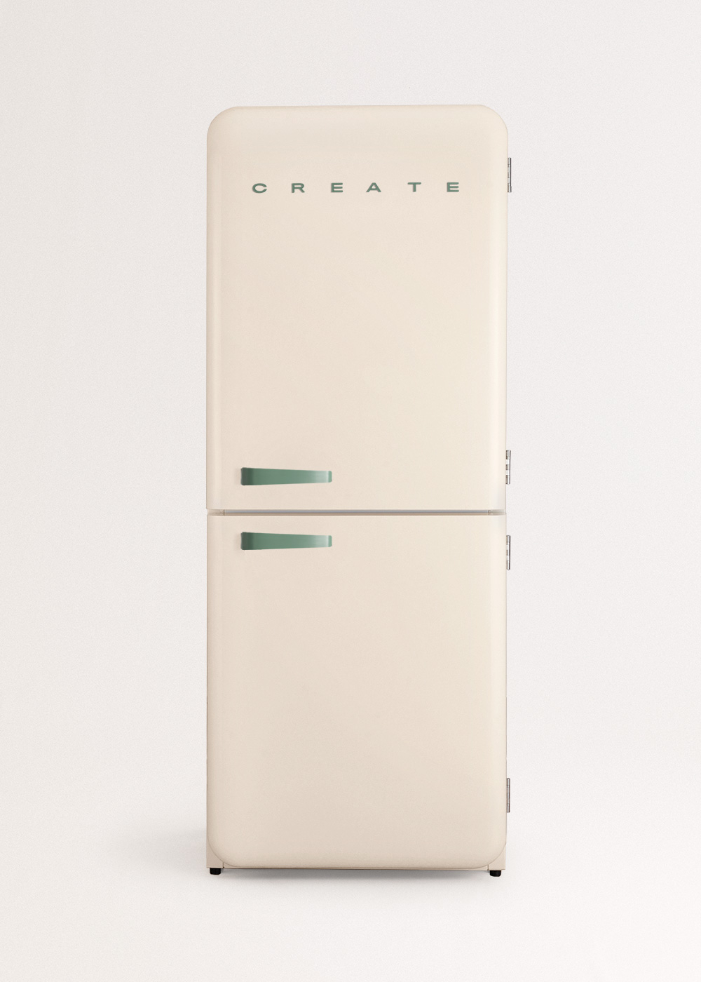Refrigerador retro color crema con manijas verdes y la palabra 'CREATE' arriba.