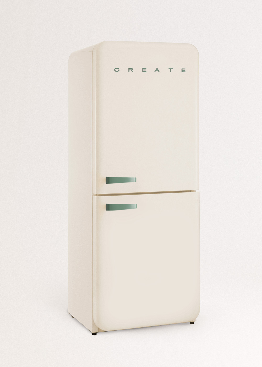 Refrigerador crema con 'CREATE' arriba. Tiene dos puertas con manijas verdes. El fondo es una pared blanca lisa.
