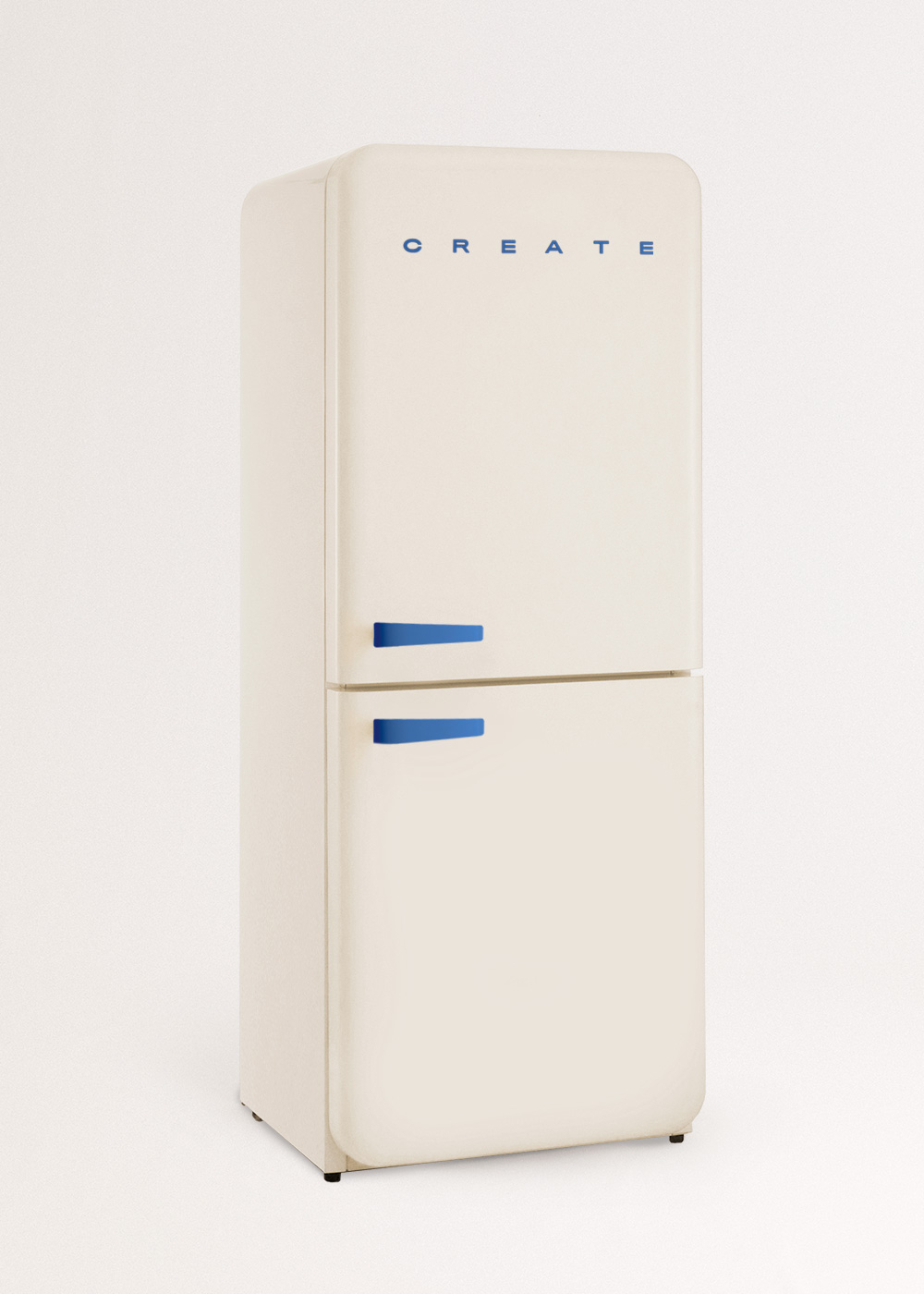 Un refrigerador crema con detalles azules y la palabra 'CREATE' en la parte superior. Tiene dos puertas y un fondo blanco liso.