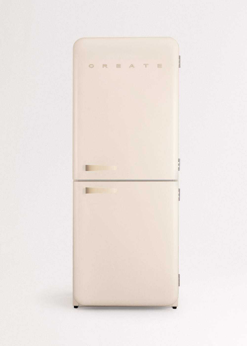 Un refrigerador crema con la palabra CREATE arriba. Tiene dos puertas y manijas, sobre un fondo blanco liso.