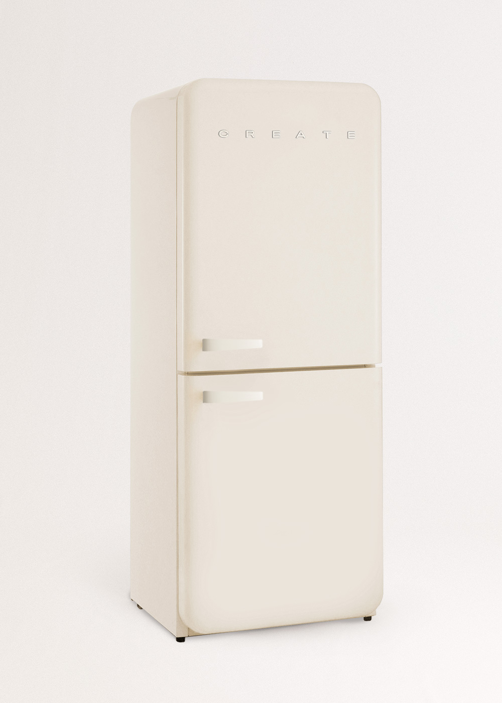 Un refrigerador crema con la palabra 'CREATE' en la parte superior. El refrigerador tiene dos puertas y un fondo blanco.
