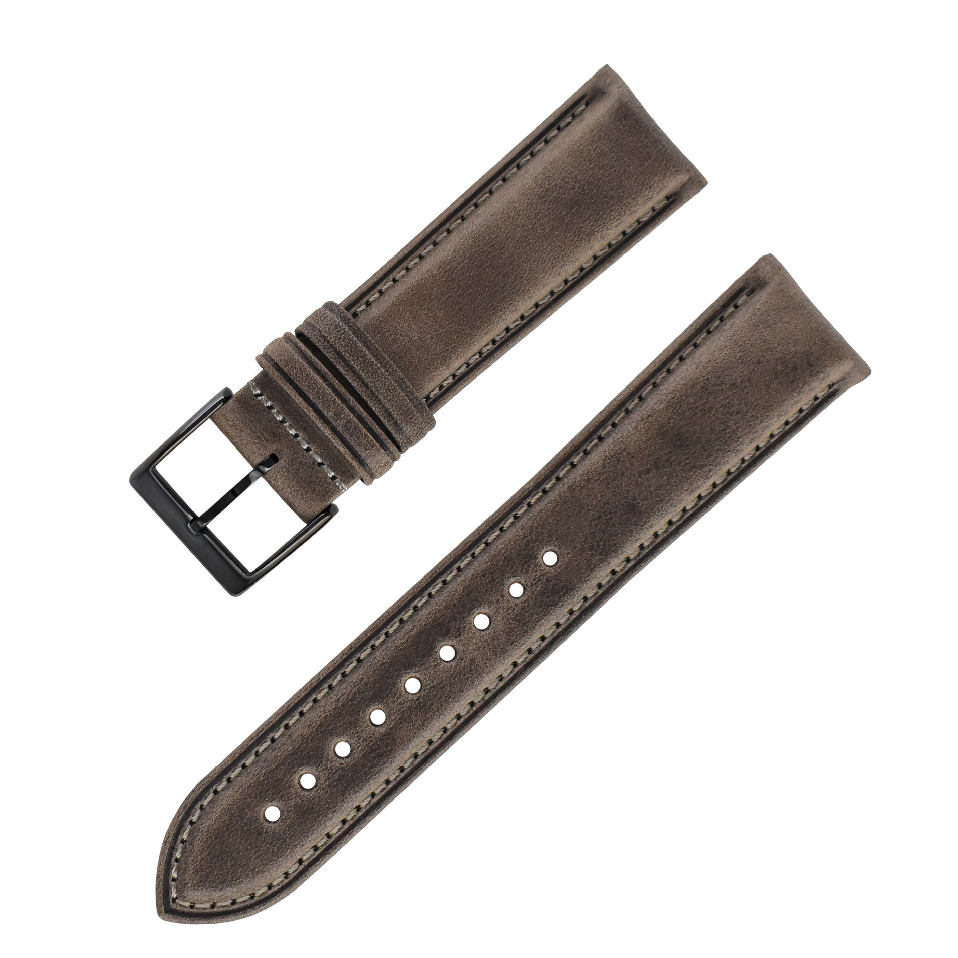 Due cinturini per orologi in pelle marrone con cuciture bianche. Un cinturino ha una fibbia nera. Sfondo bianco.