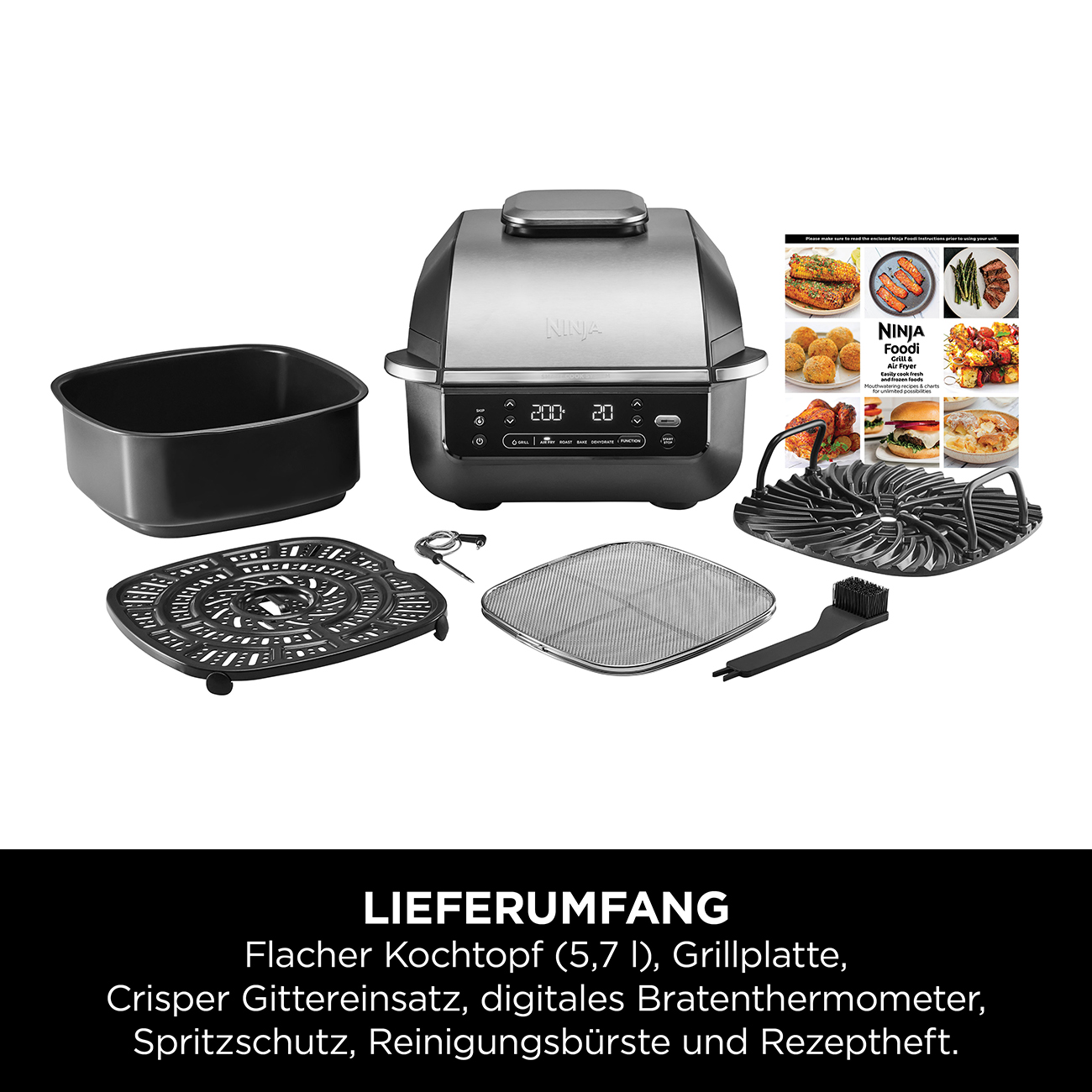 Ninja Foodi Grill mit Zubehör. Enthält Kochtopf, Grillplatte, Crisper, digitales Thermometer, Spritzschutz, Bürste und Rezeptbuch.