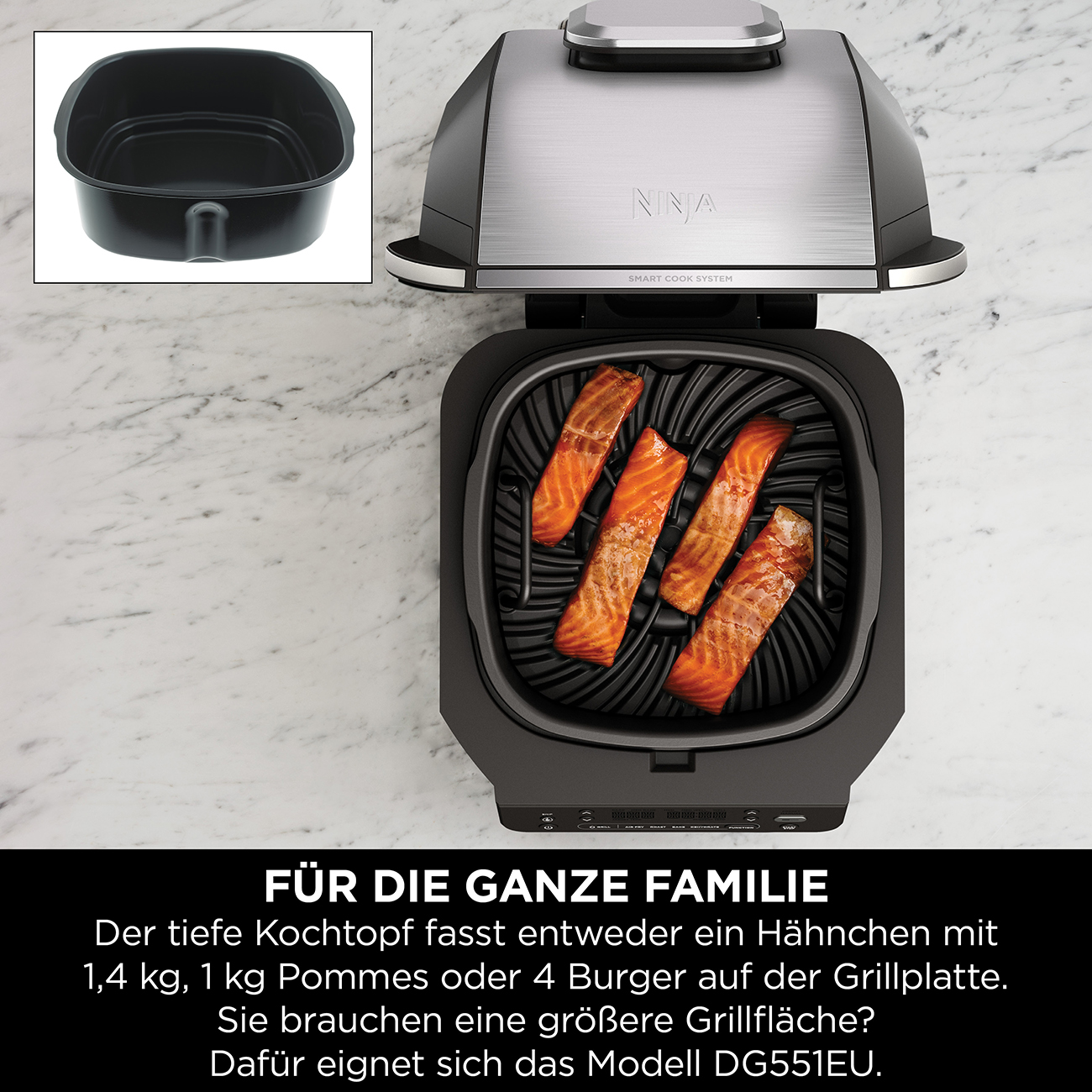Ein Ninja Smart Cook System Grill mit Lachs. Das Bild zeigt auch den Kochtopf und Text zur Kapazität des Grills.