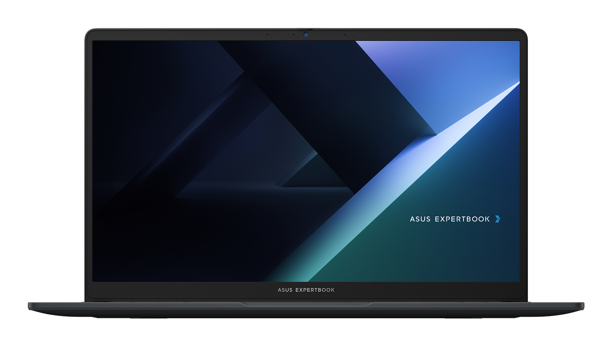 Ein dunkelgraues ASUS ExpertBook-Laptop. Der Bildschirm zeigt ein blaues und schwarzes abstraktes Design. ASUS ExpertBook steht auf dem Bildschirm.