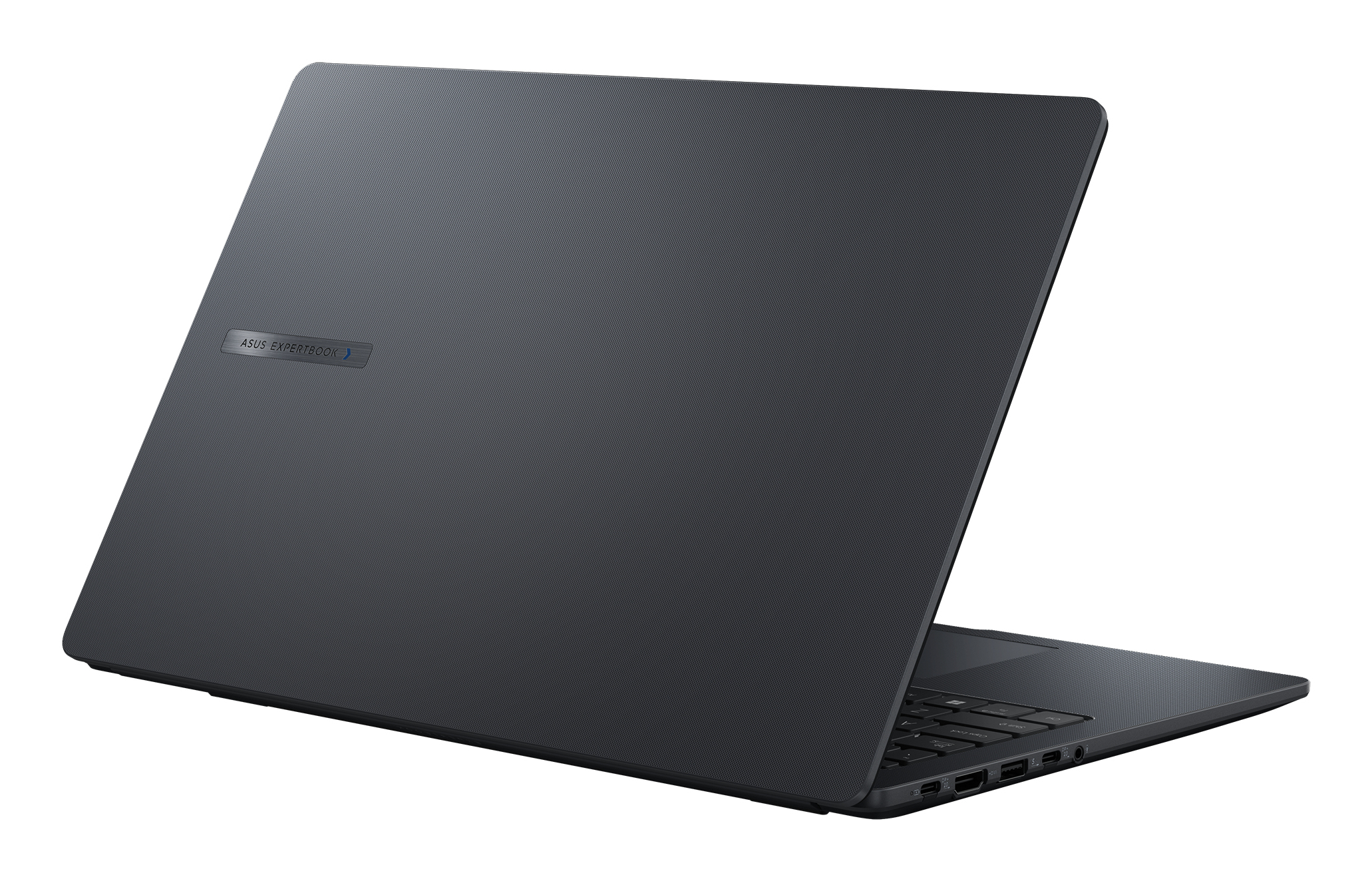 Dunkelgraues ASUS ExpertBook Laptop, leicht geöffnet abgewinkelt. Der Deckel ist strukturiert. Tastatur und Anschlüsse sind sichtbar.