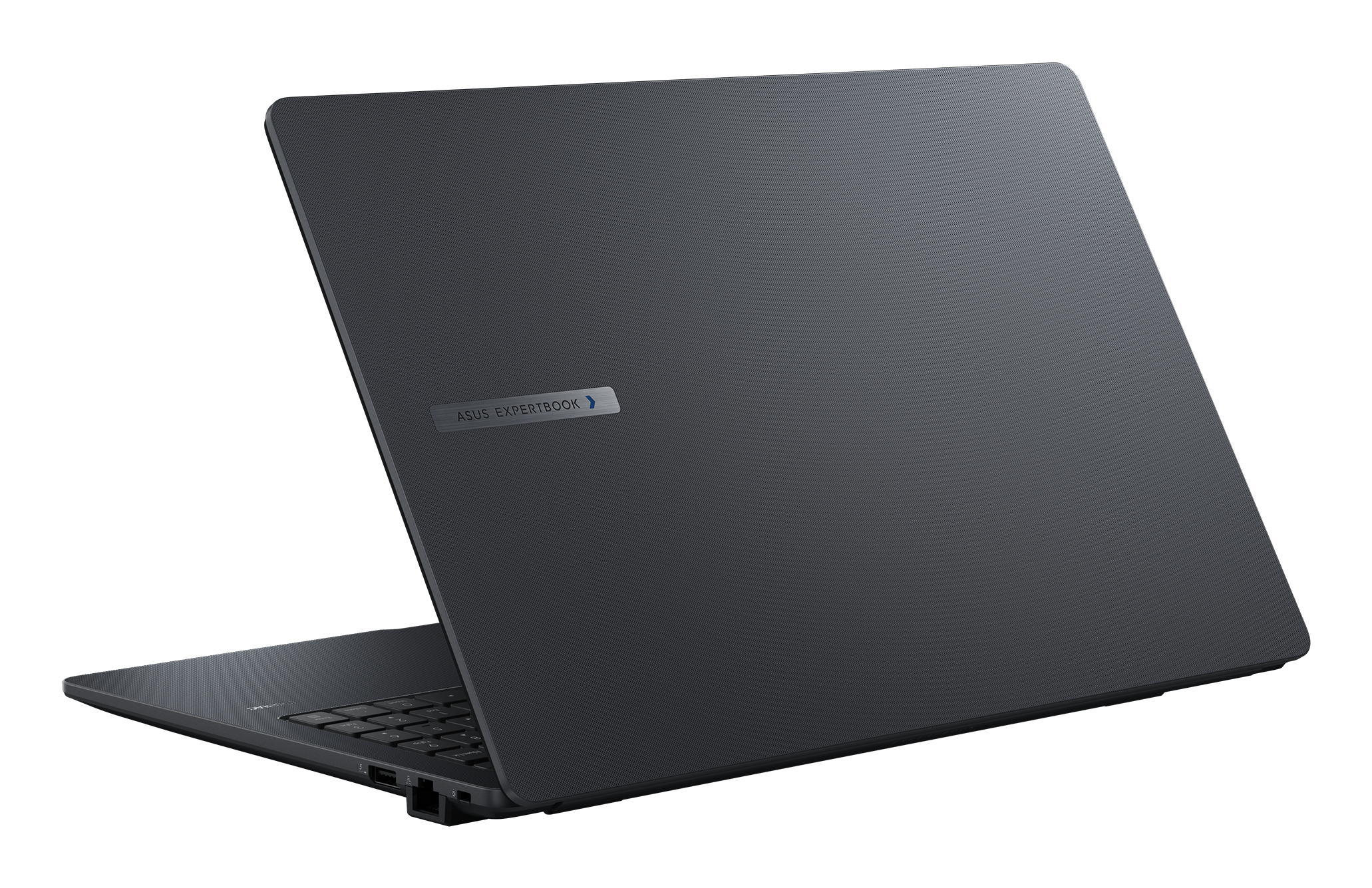 Ein dunkelgrauer ASUS ExpertBook Laptop. Der Deckel ist leicht geöffnet. Die Tastatur und die Anschlüsse sind sichtbar. Der Hintergrund ist weiß.