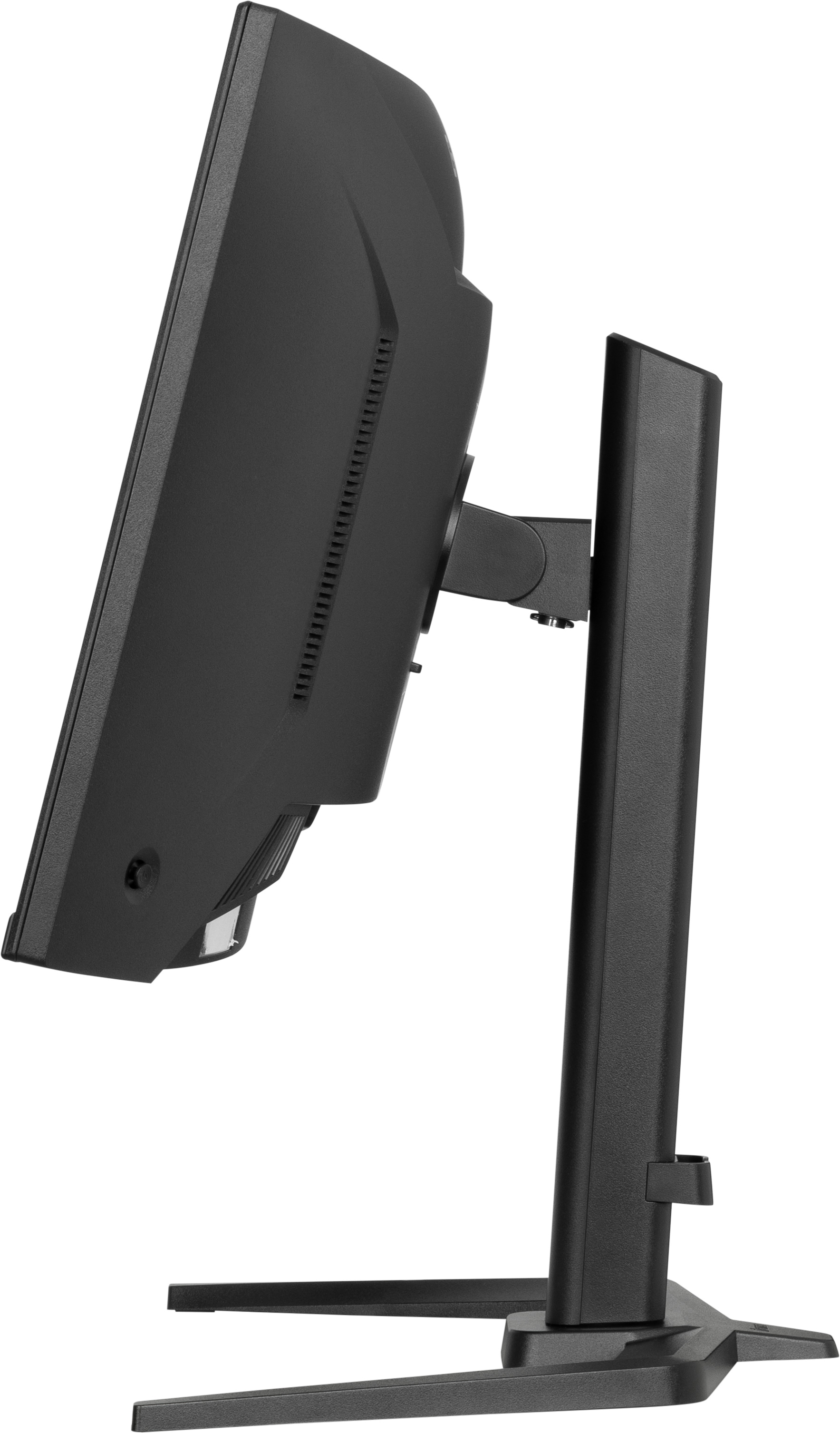Een zwarte computermonitor staat schuin opzij. Het heeft een standaard met een brede basis. De achtergrond is wit.