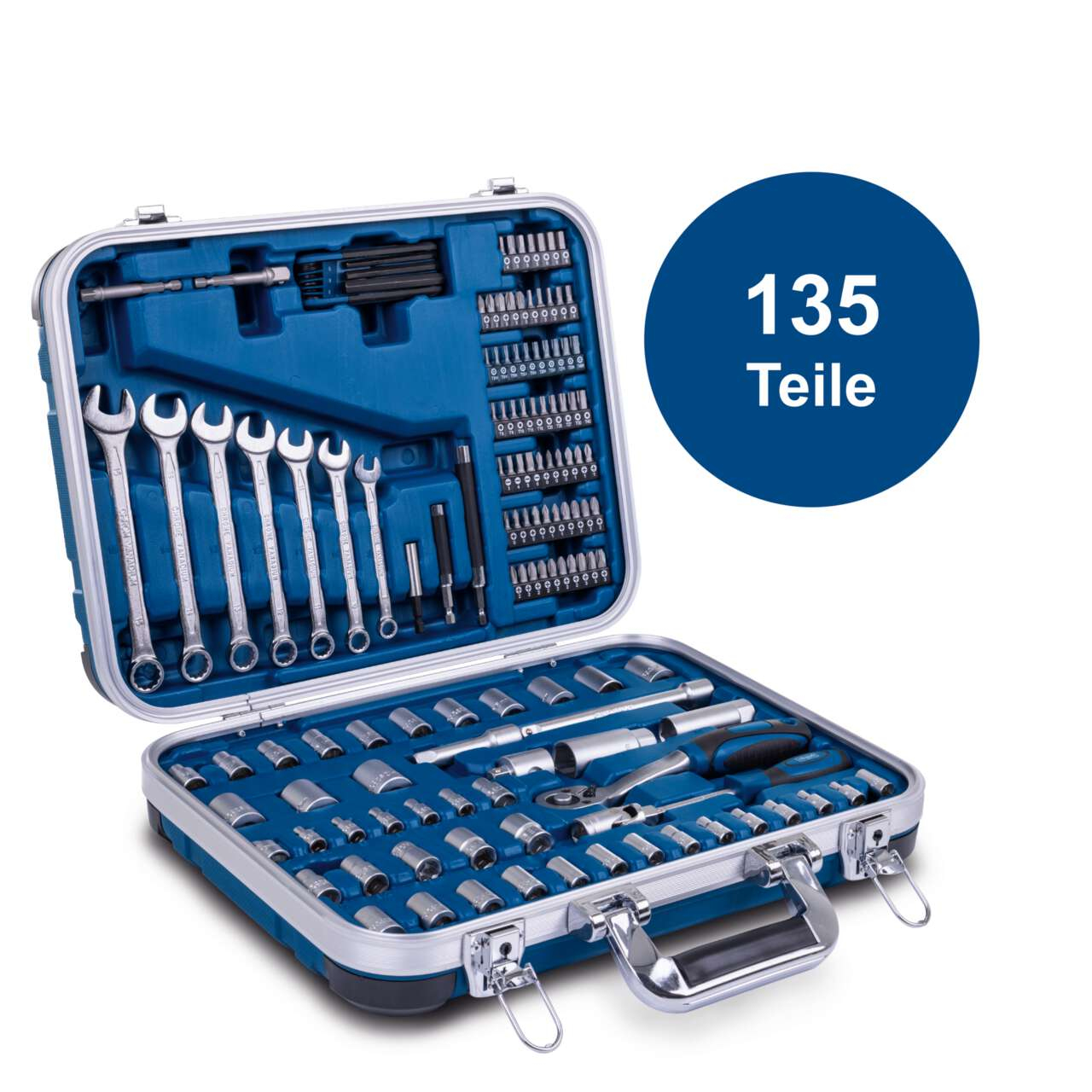 An open toolbox with 135 pieces of tools. Inside are wrenches, sockets, and bits. A blue circle with '135 Teile' is on the right.