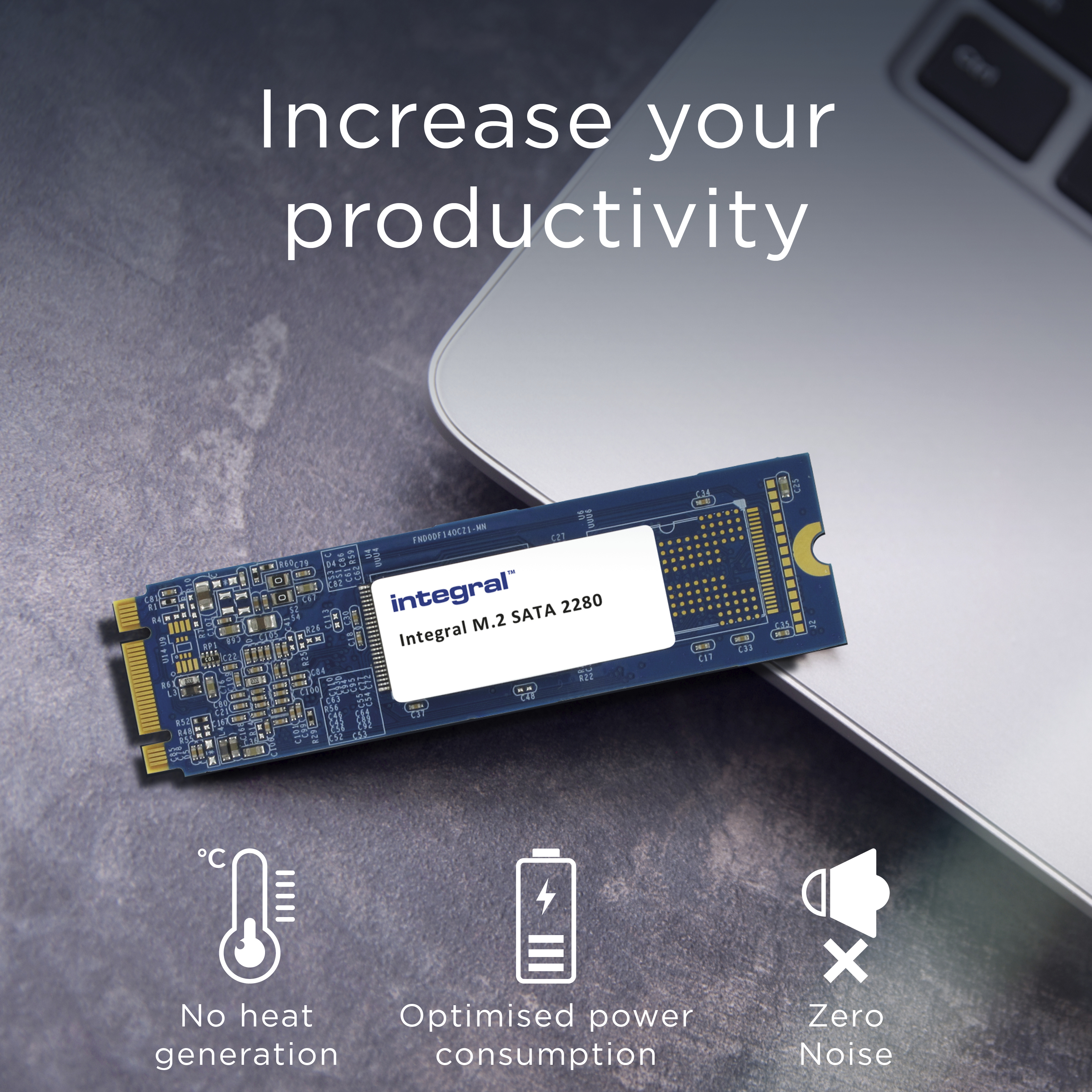 Das Bild zeigt eine blaue Platine mit weißem Text, einen Laptop und Symbole für keine Wärme, Energieeffizienz und null Geräusche.