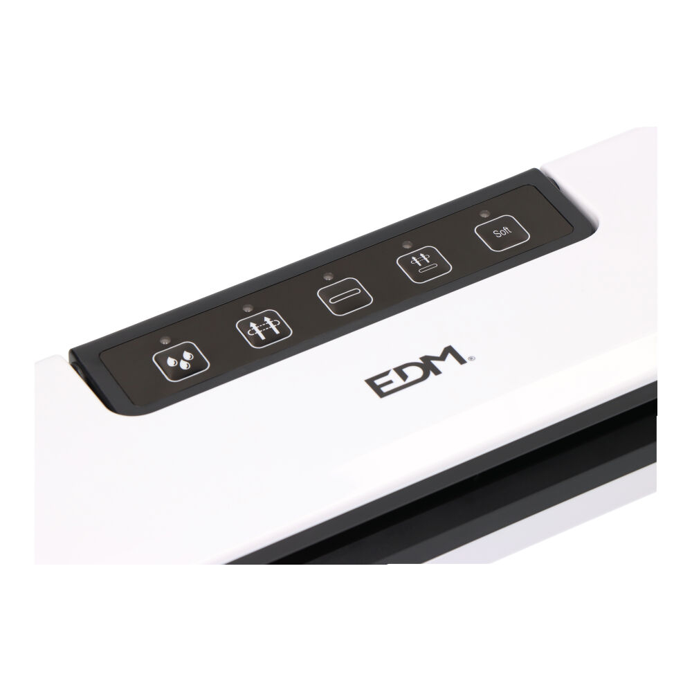 Biała i czarna zgrzewarka próżniowa. Posiada panel sterowania z kilkoma ikonami i logo 'EDM'. Widoczny jest przycisk 'Soft'.