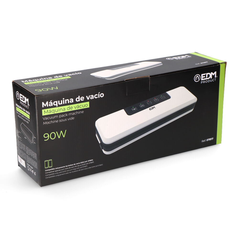 Pudełko do pakowarki próżniowej. Jest czarno-białe, z tekstem w języku hiszpańskim i angielskim, a maszyna jest wyświetlana na pudełku.