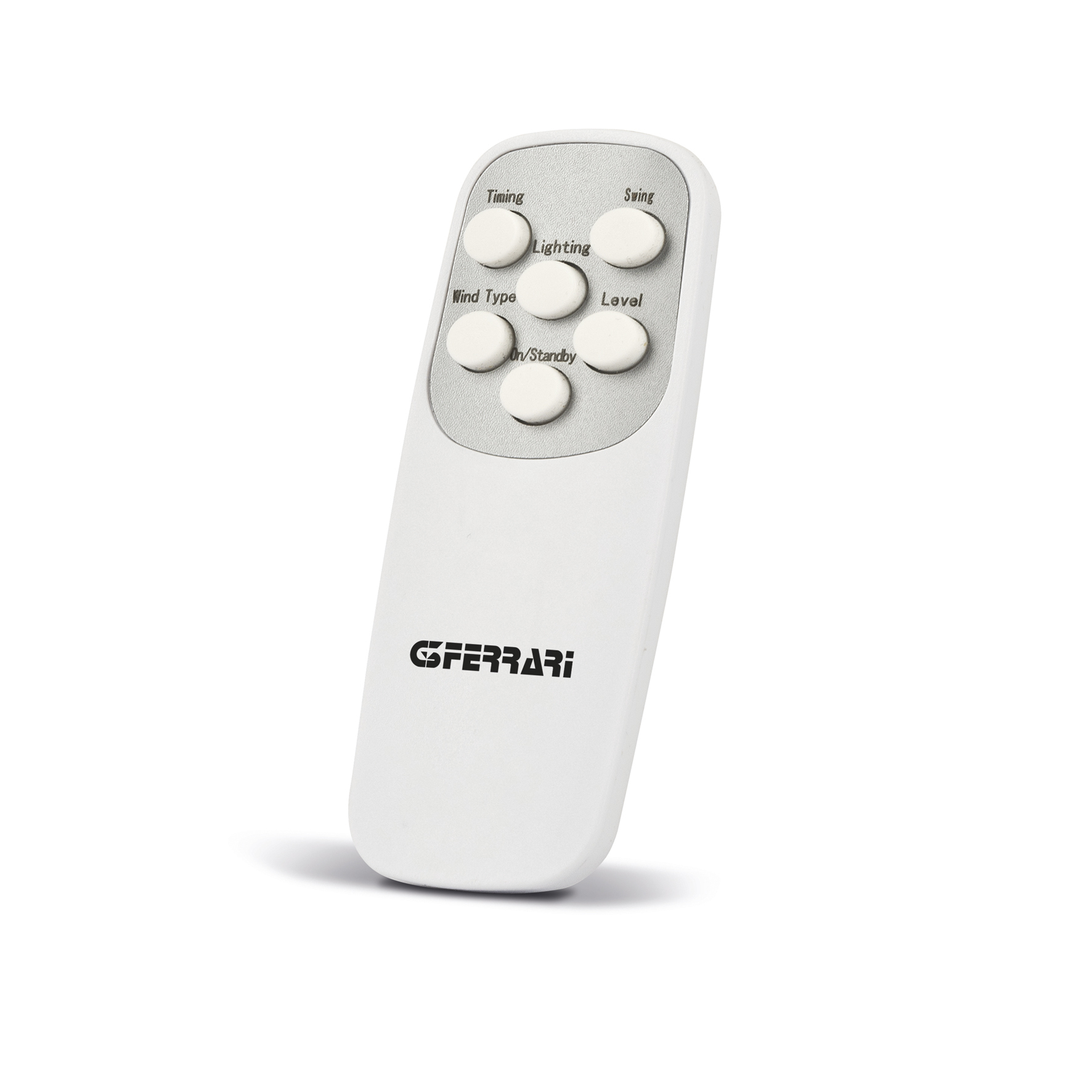 Biały pilot G. Ferrari. Posiada przyciski do ustawiania czasu, oświetlenia, rodzaju wiatru, obrotu, poziomu i włączania/czuwania.