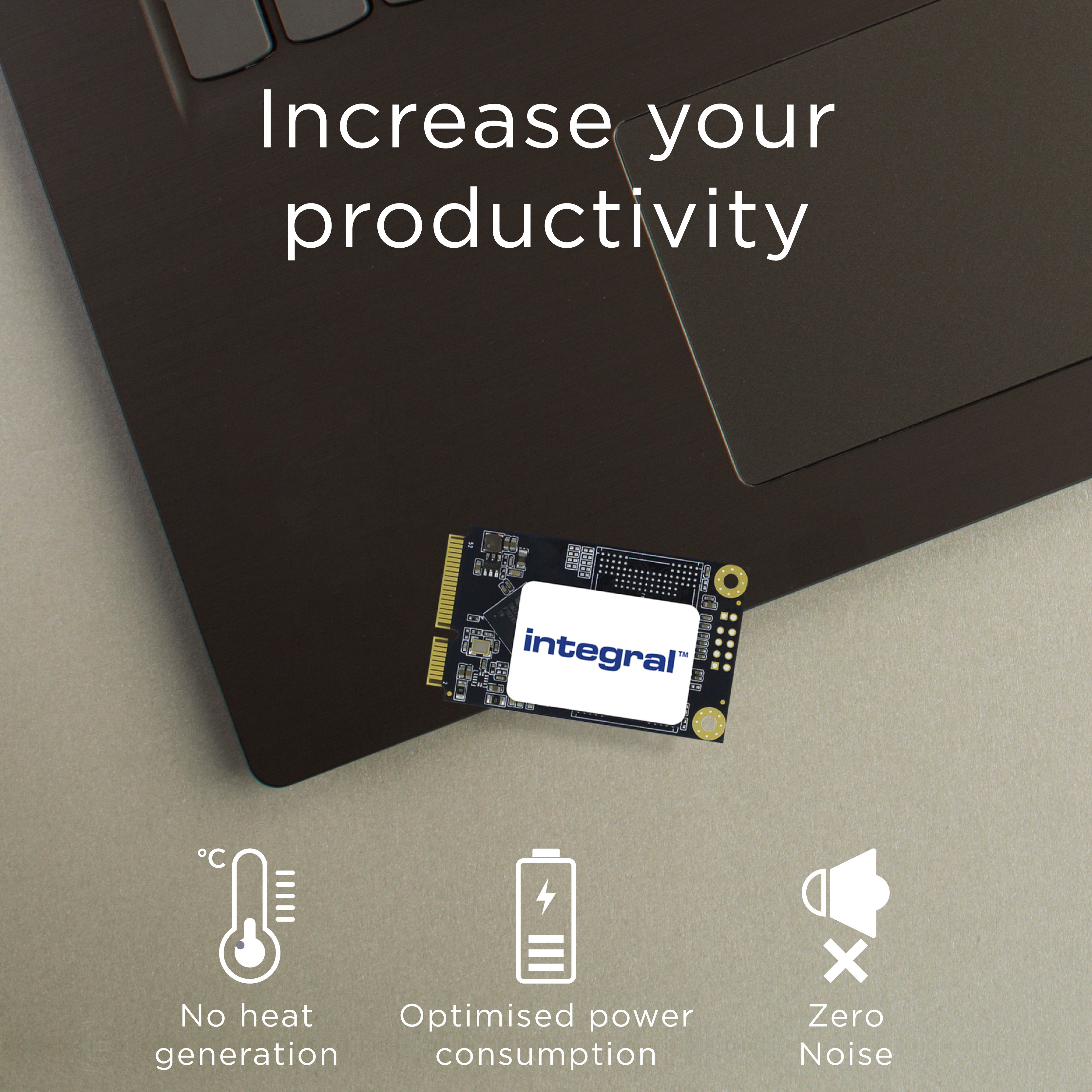 Un laptop con SSD 'integral'. Testo: 'Aumenta la tua produttività' e icone: nessun calore, potenza ottimizzata, zero rumore.