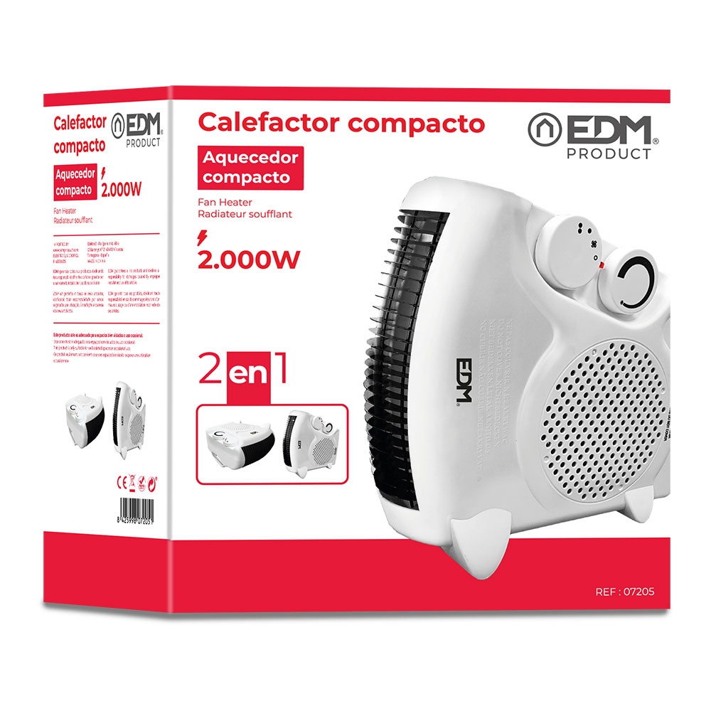 Calentador de ventilador compacto blanco y negro en una caja roja y blanca. Texto incluye 'Calefactor compacto' y '2.000W'.