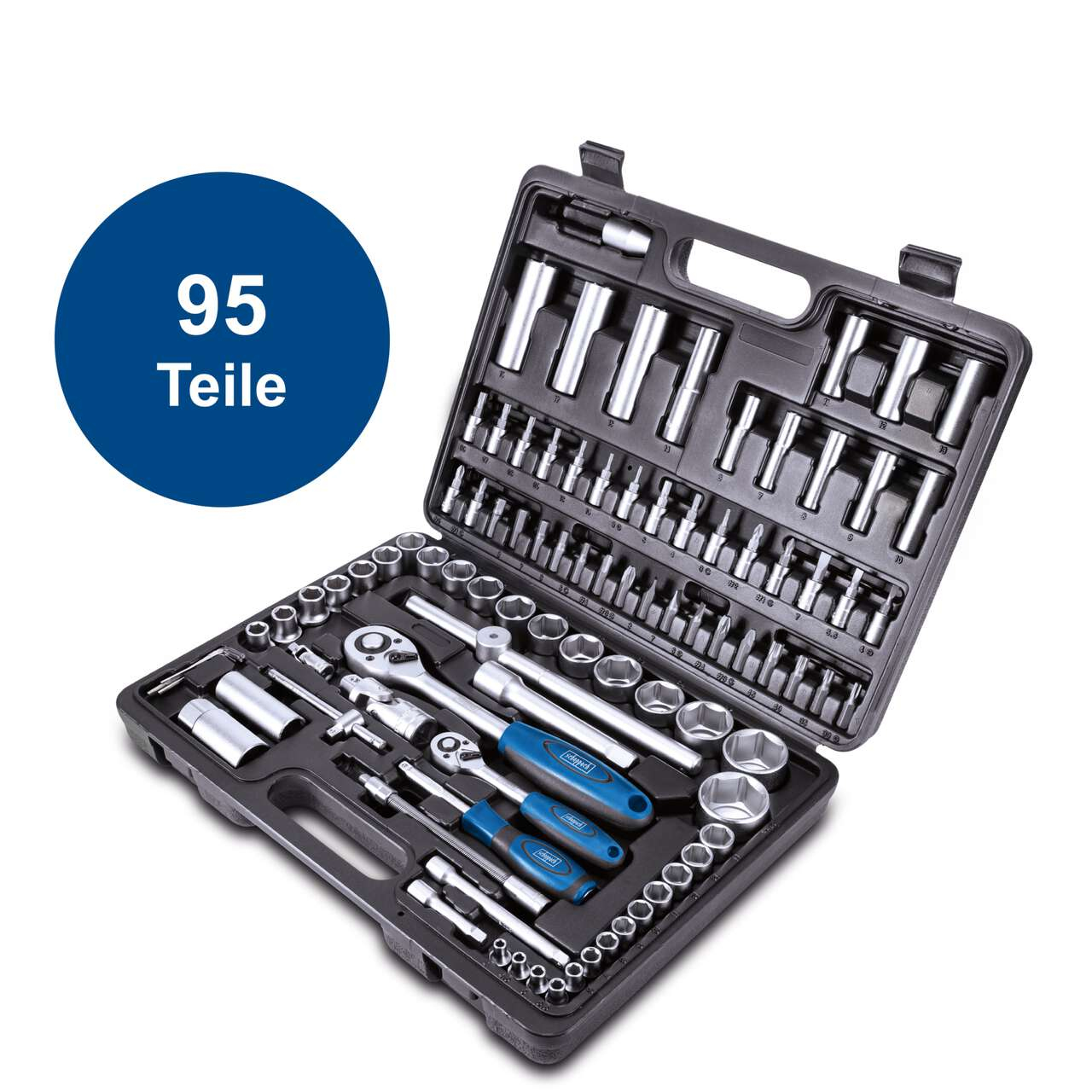 Open toolbox with 95 pieces. Contains various sockets, ratchets, extensions, and other tools, neatly arranged in a black case. Blue circle with text.